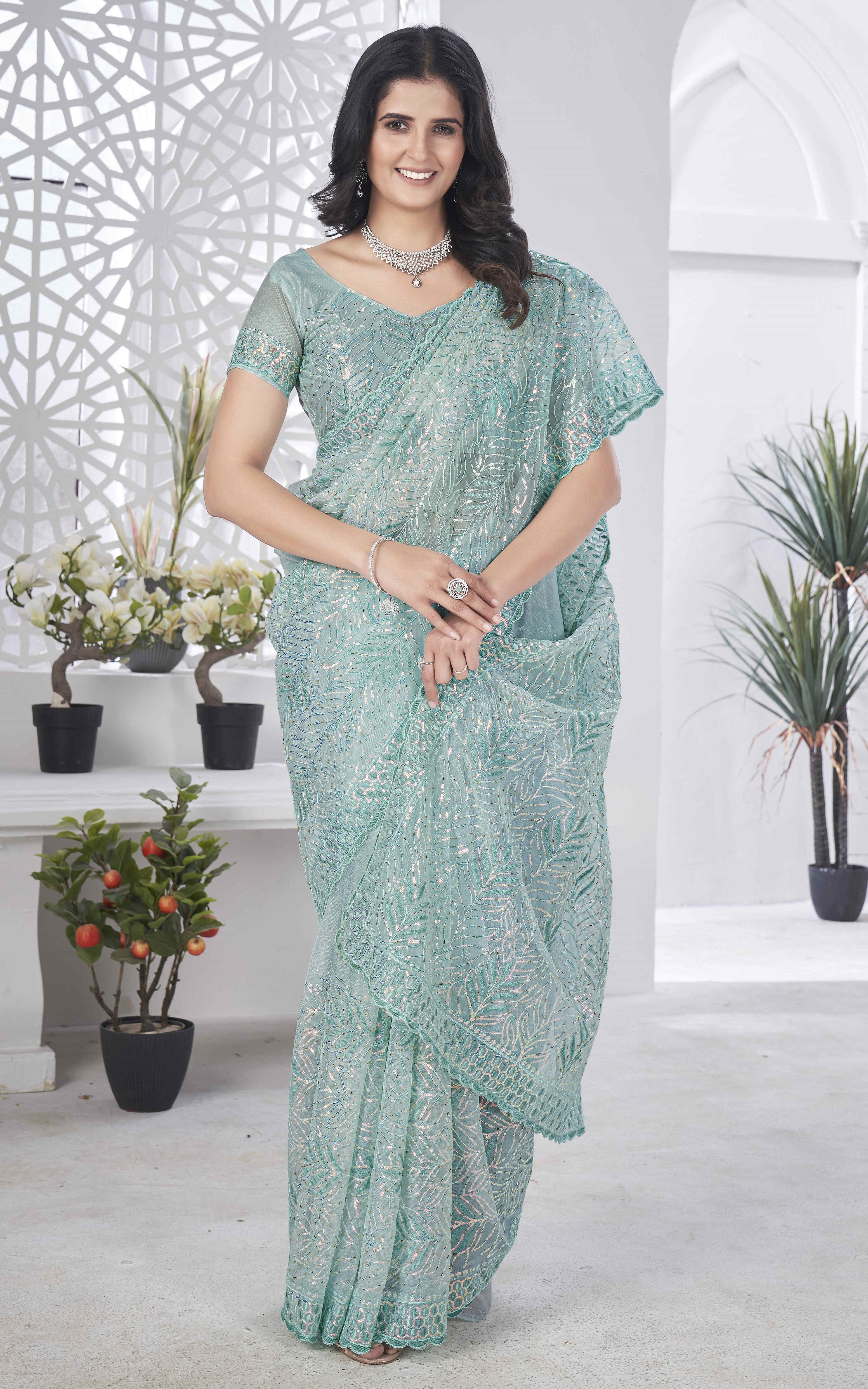 Designer Party Wear Look Saree With Multi Color Thread Embroidery Work