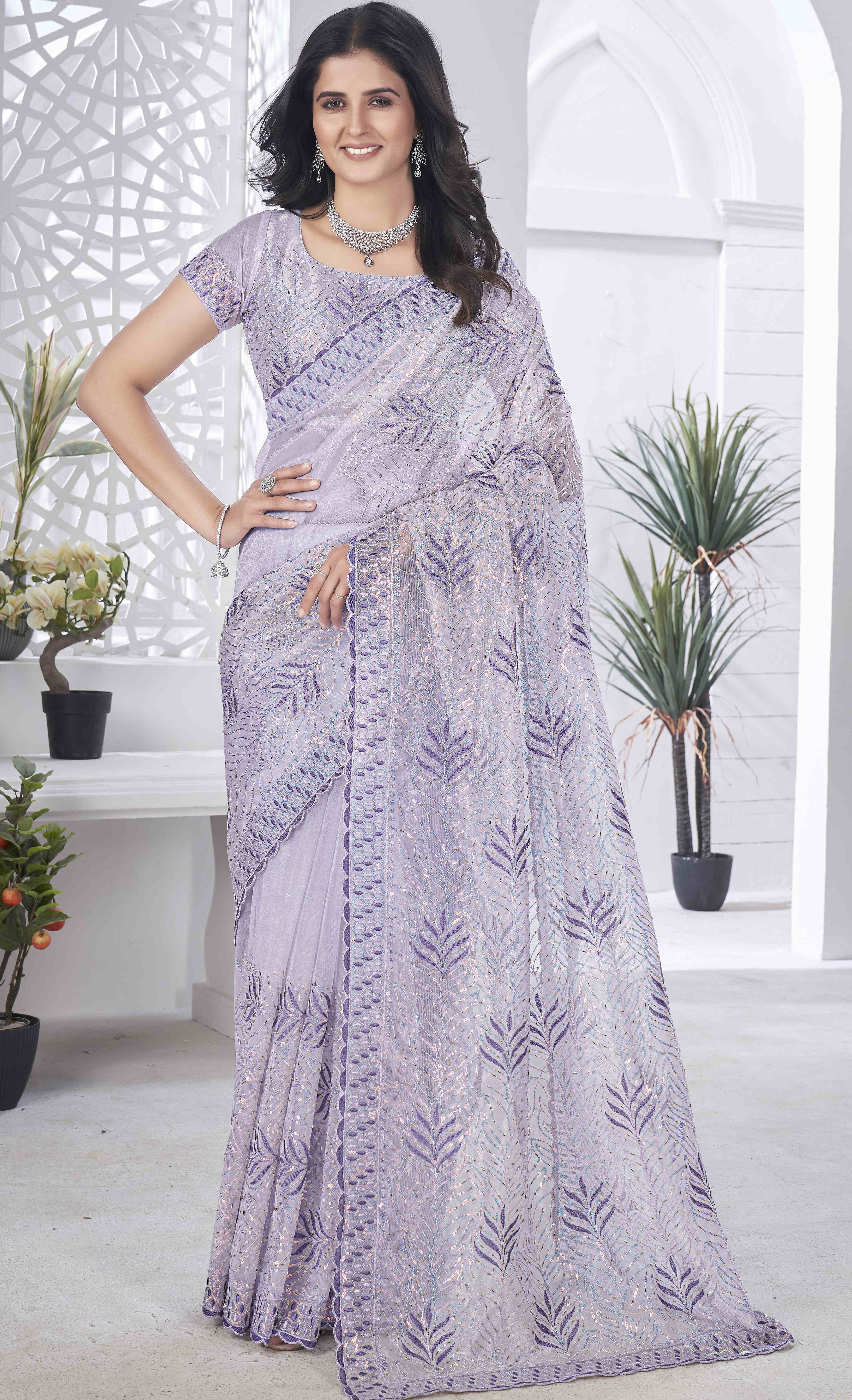 Designer Party Wear Look Saree With Multi Color Thread Embroidery Work