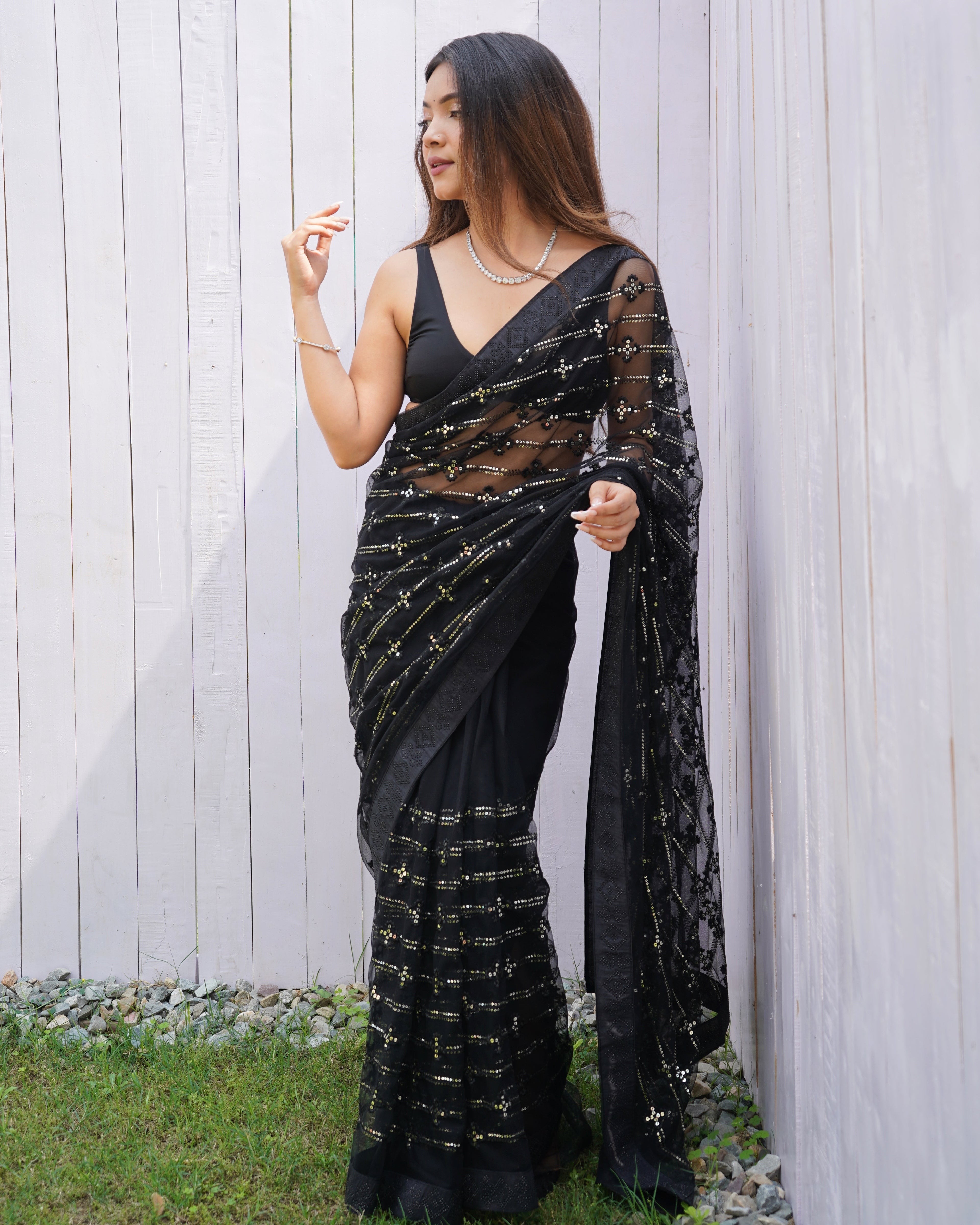 Fancy Saree With Multi Thread And Sequence Embroidery Work