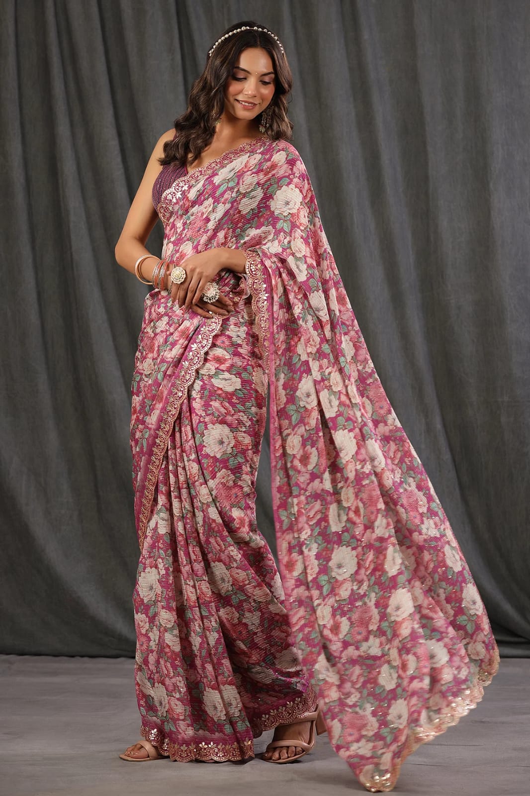 Beautiful Party Wear Look Saree With Digital Print of Floral Design