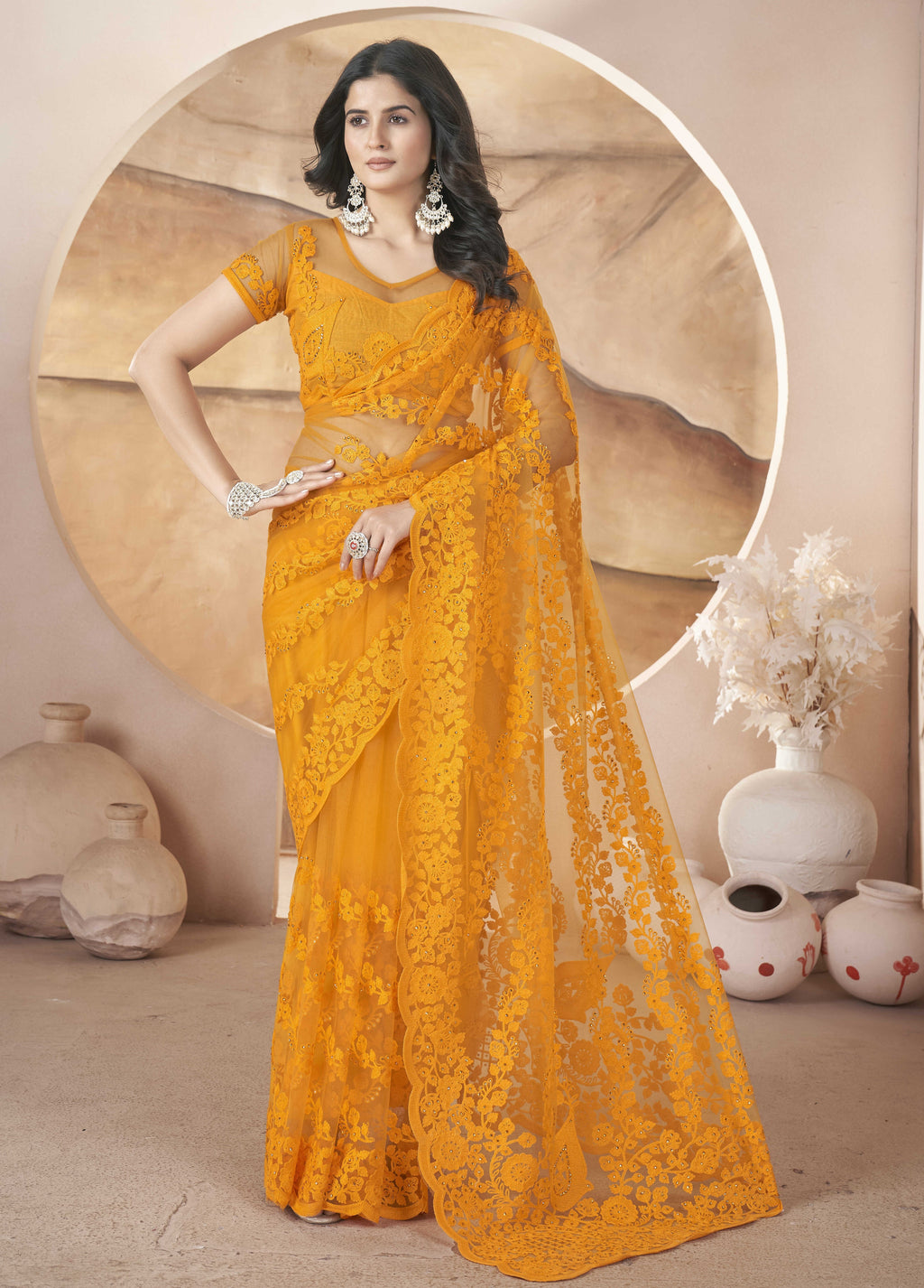Party Wear Look Saree With Zari Embroidery And Stonework