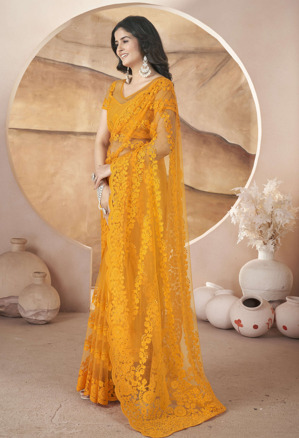 Party Wear Look Saree With Zari Embroidery And Stonework