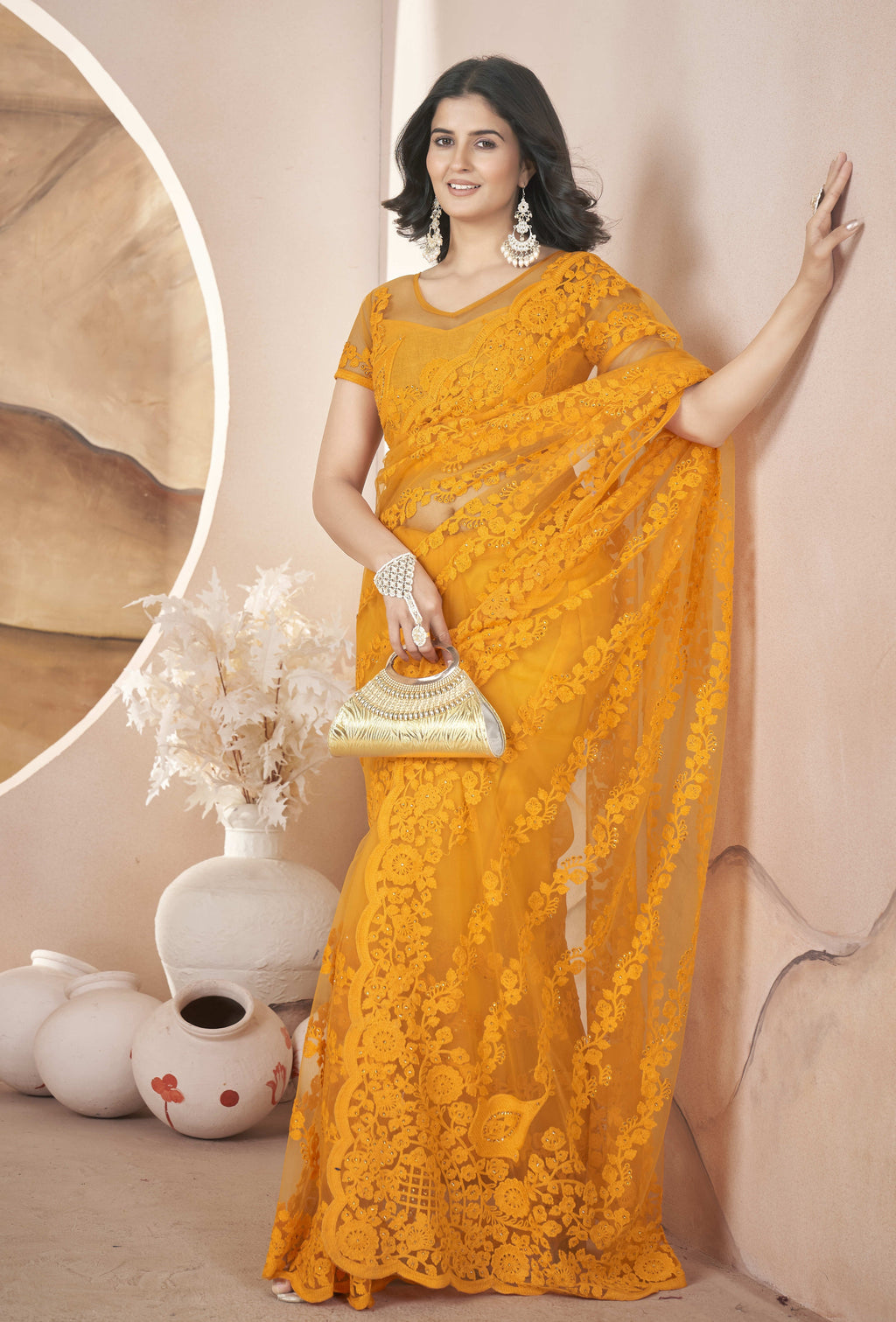 Party Wear Look Saree With Zari Embroidery And Stonework
