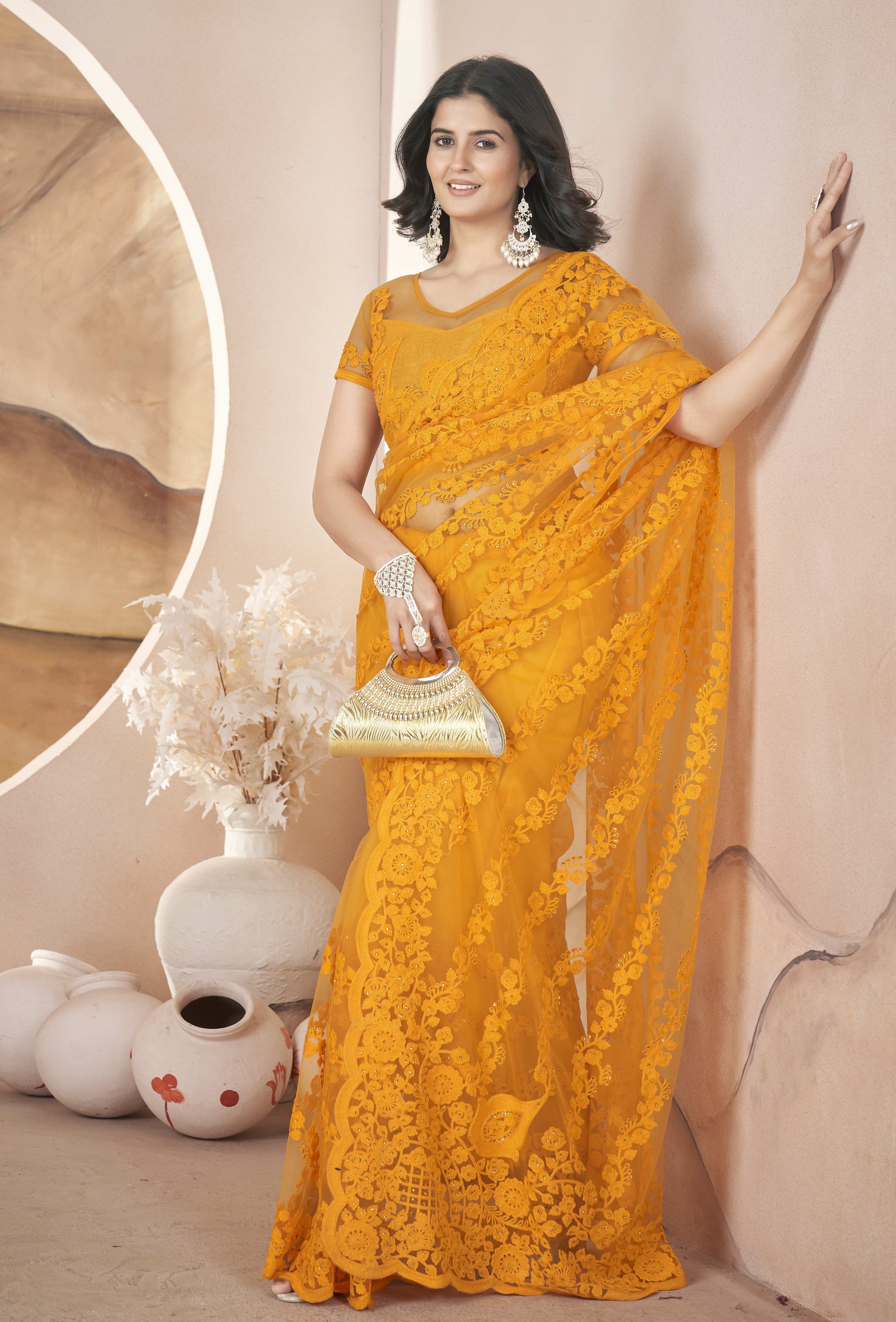 Party Wear Look Saree With Zari Embroidery And Stonework
