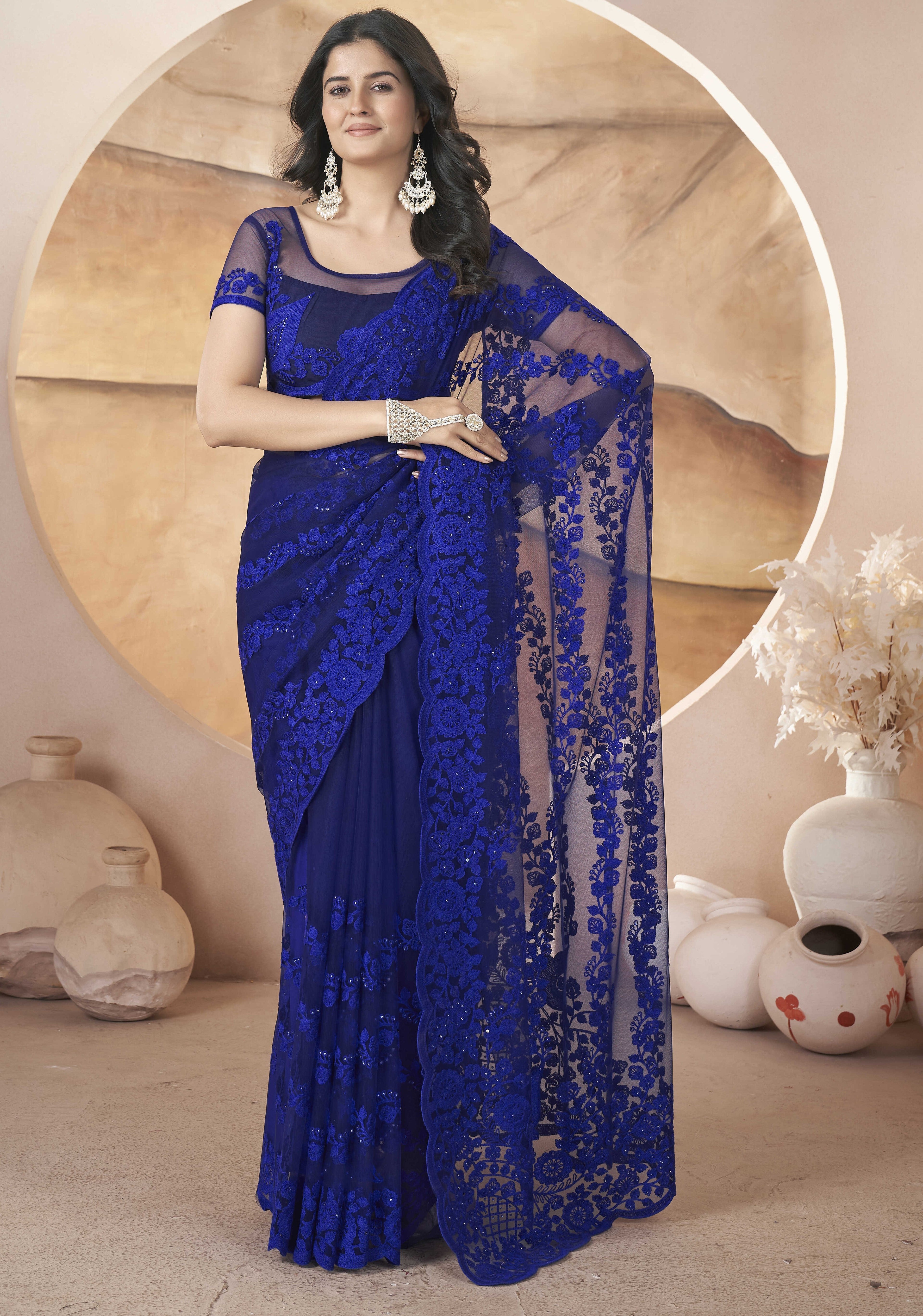Party Wear Look Saree With Zari Embroidery And Stonework