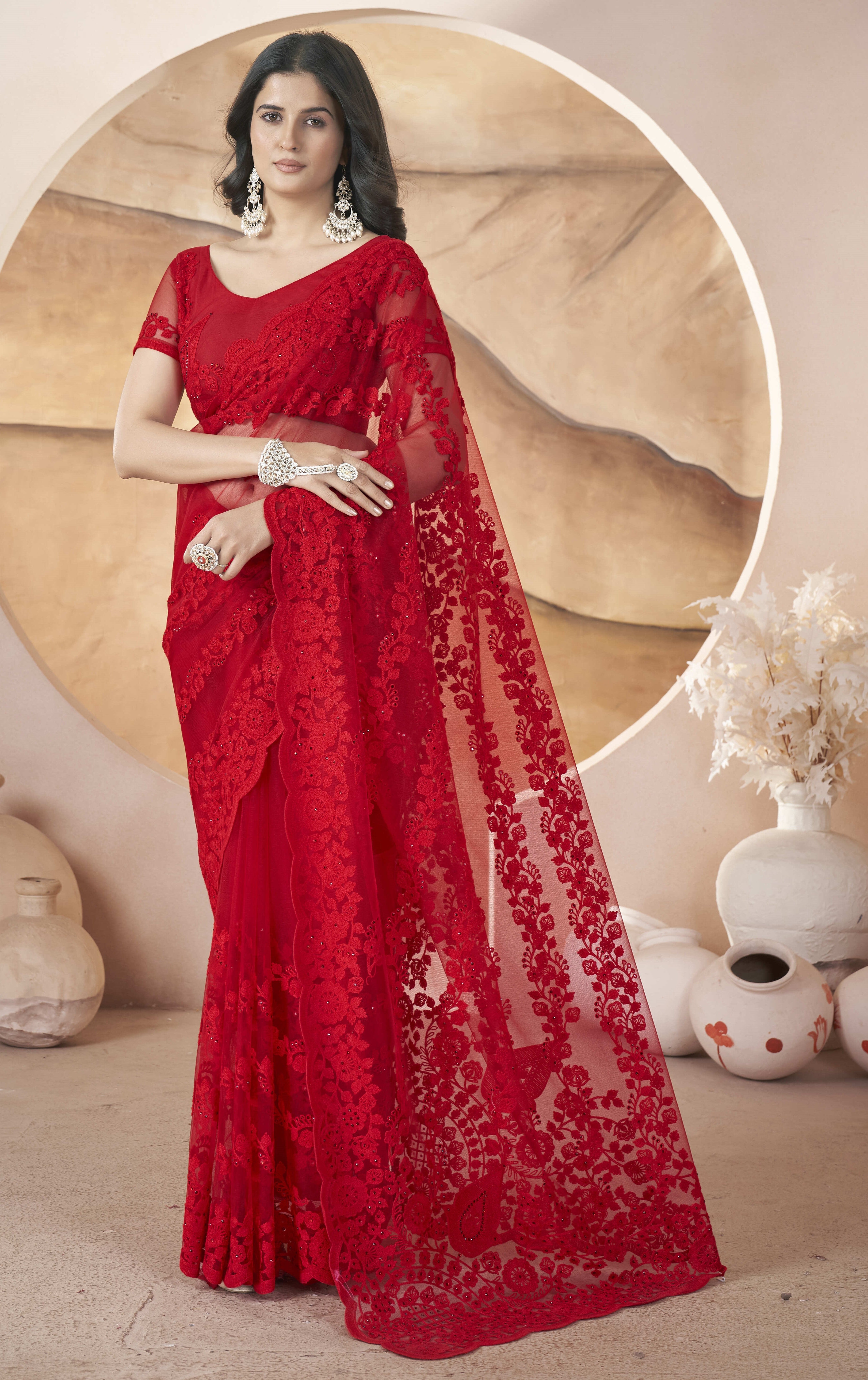 Party Wear Look Saree With Zari Embroidery And Stonework