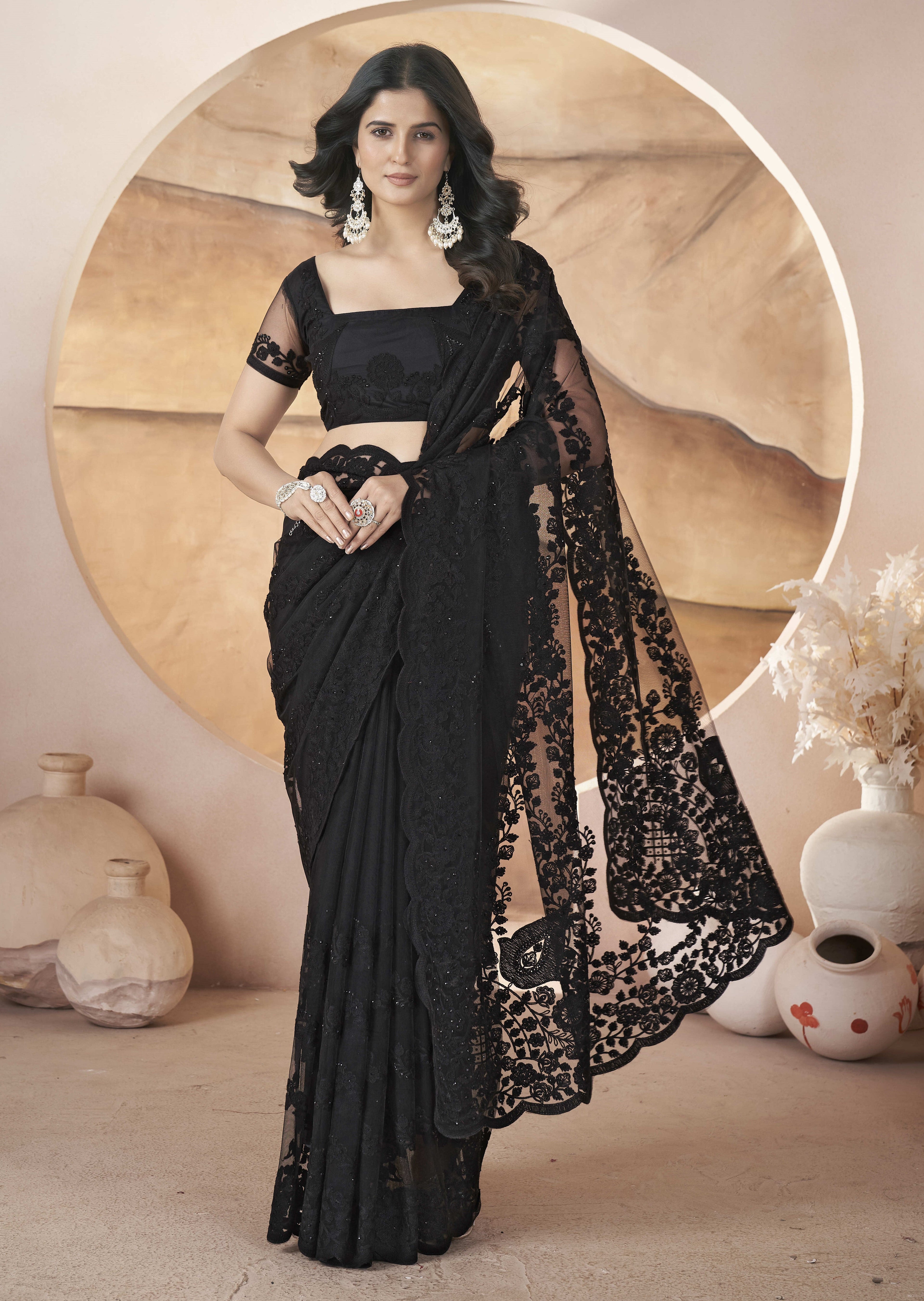 Party Wear Look Saree With Zari Embroidery And Stonework