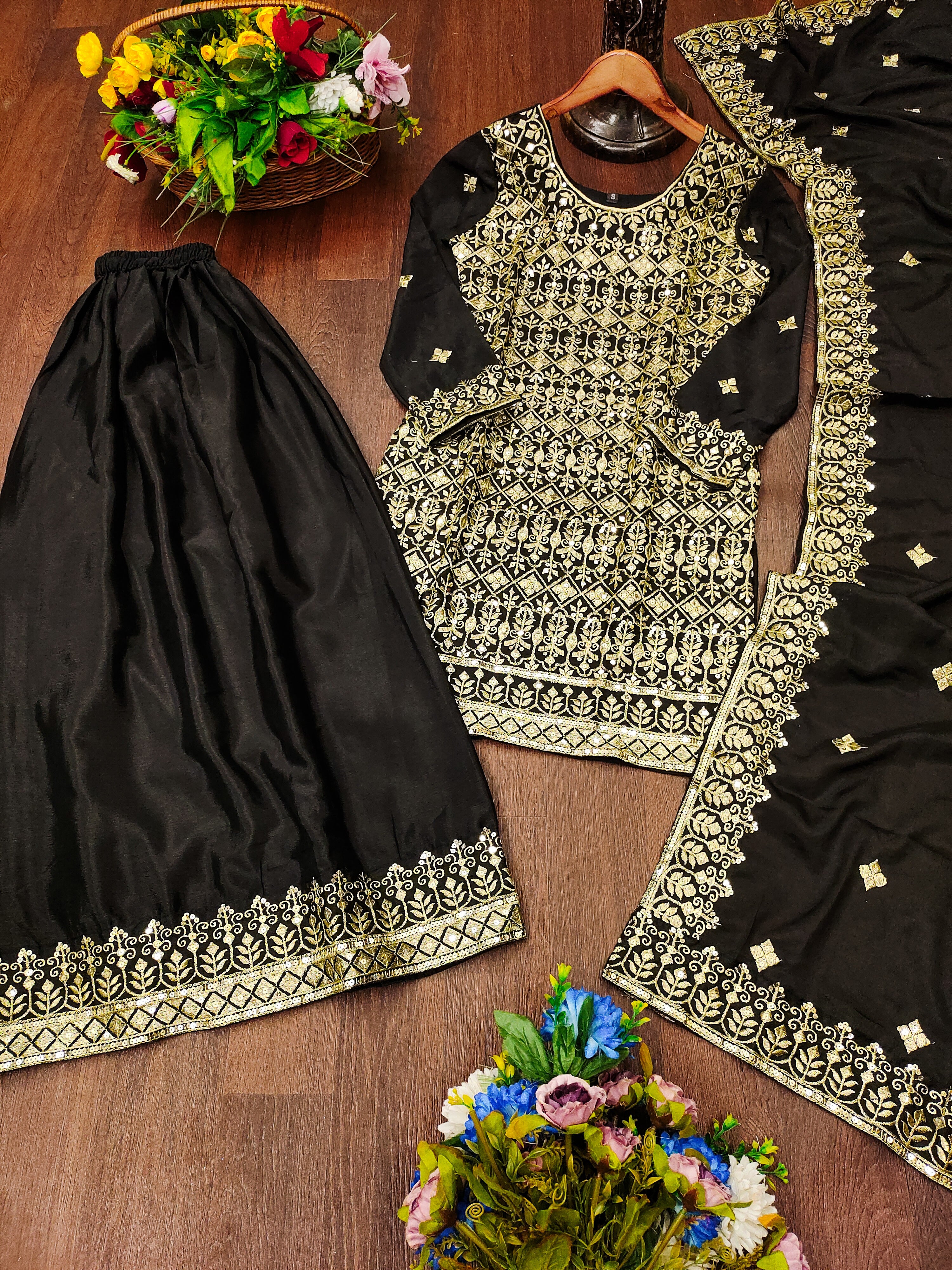 Designer Embroidered Chinon Sharara Suit With Sequence Embroidered Work