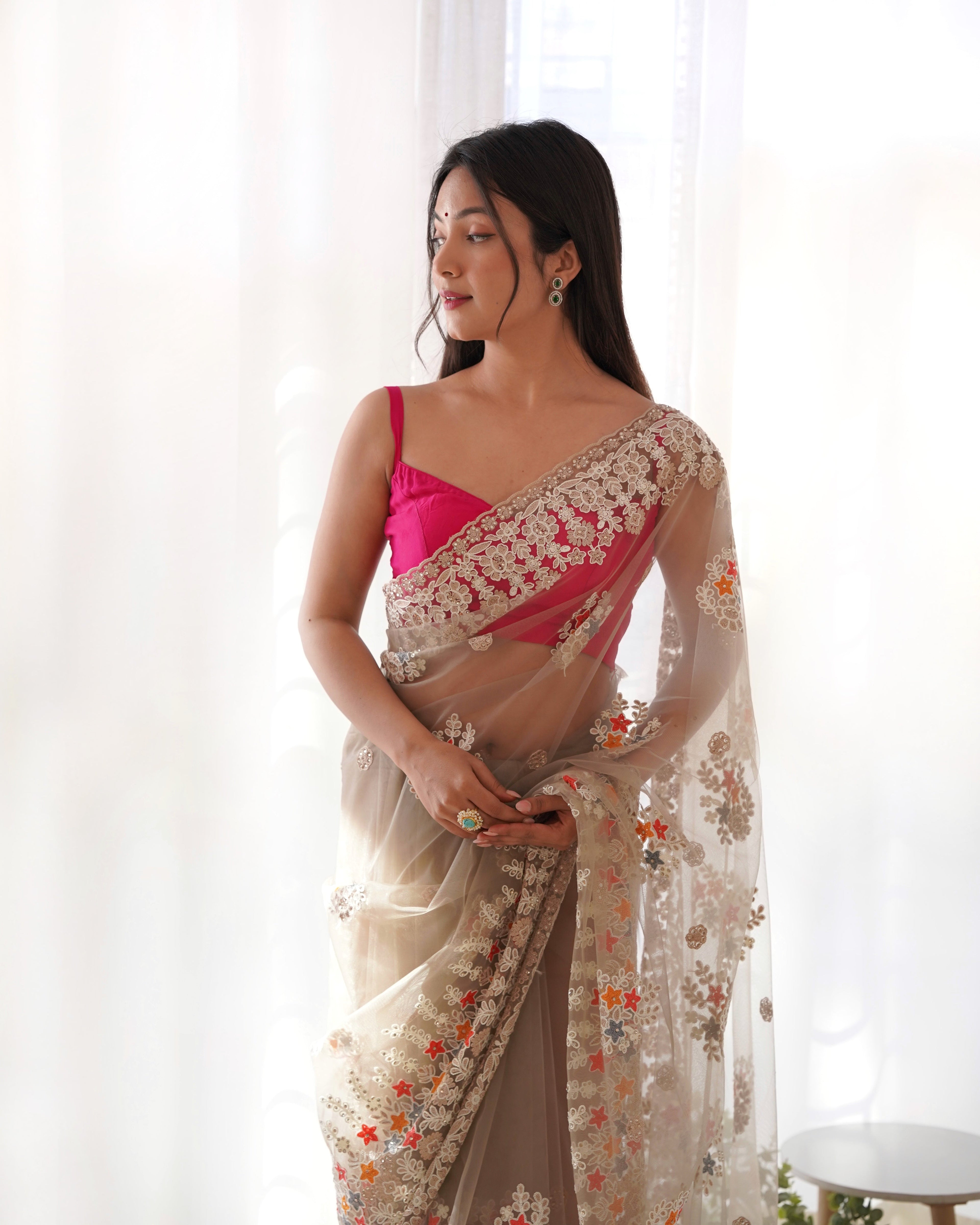 Party Wear Saree With Thread And Zari Embroidery Work