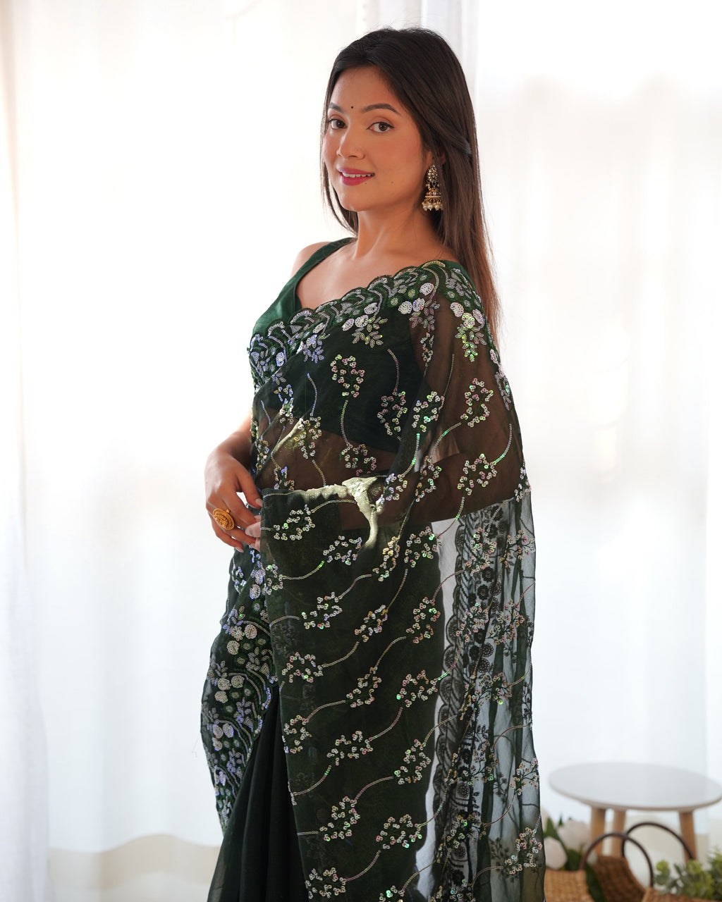 Party Wear Saree With Designer Sequence Embroidery Work