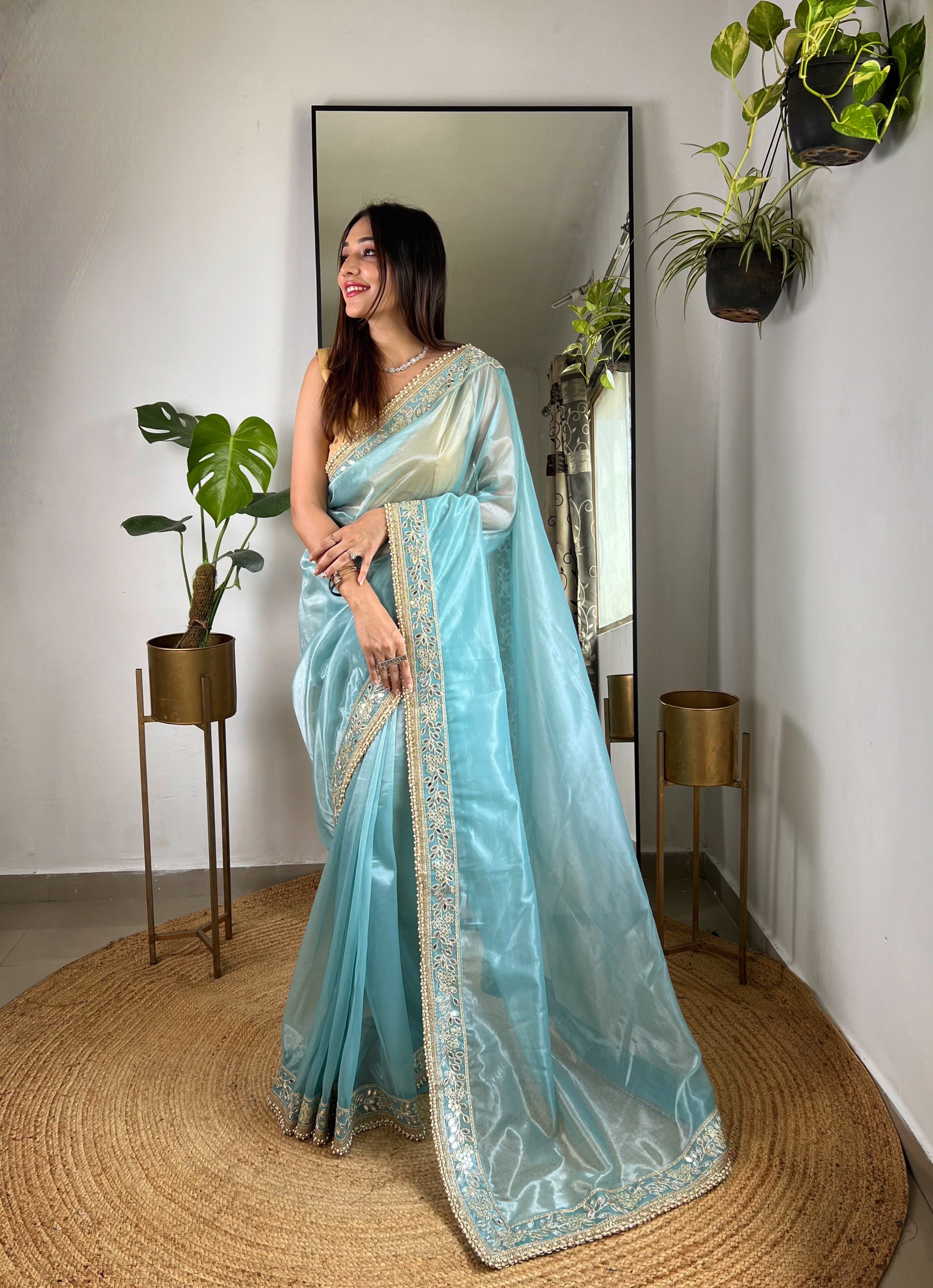 Designer Party Wear Look Saree With Real Mirror Work