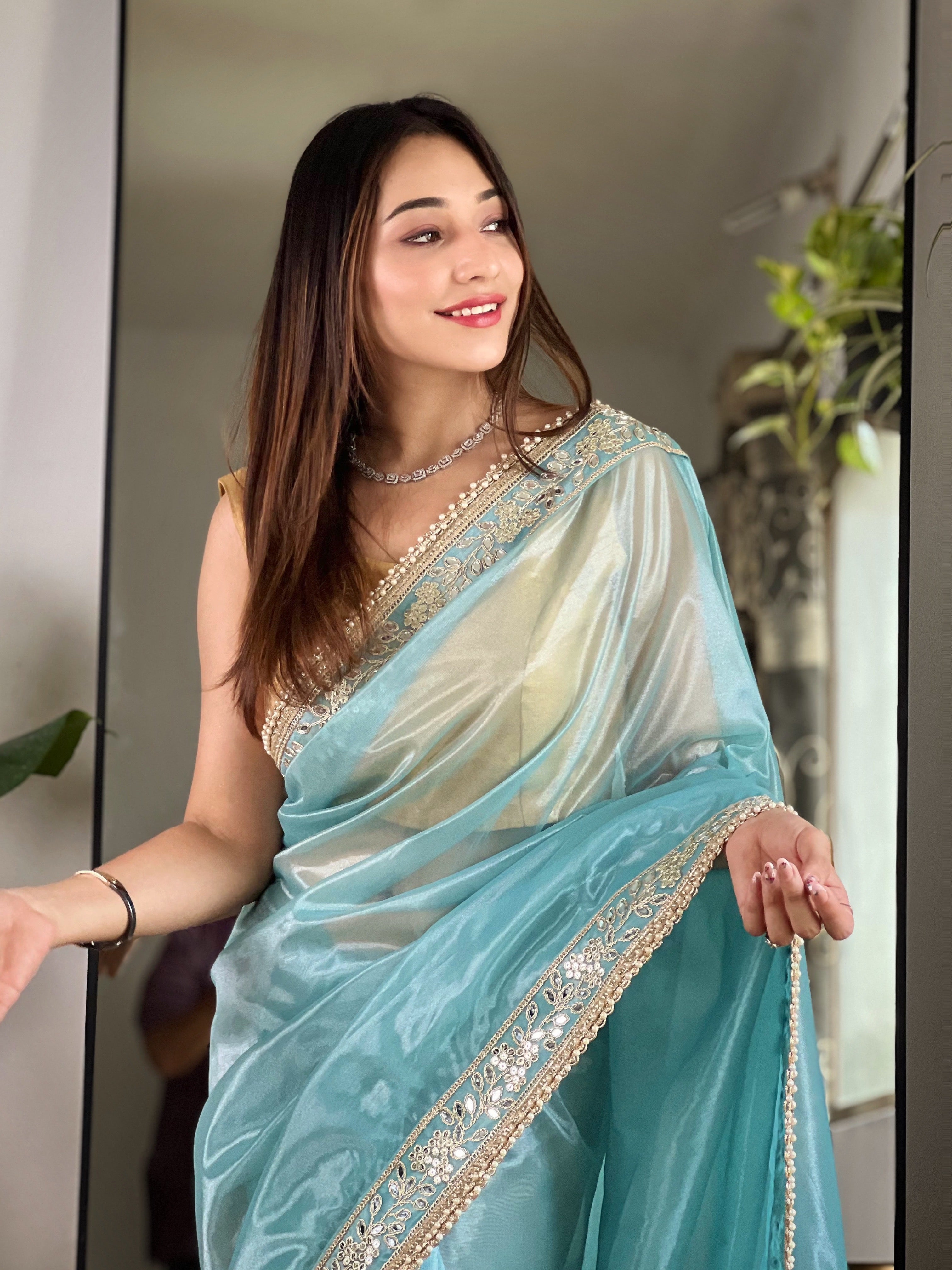 Designer Party Wear Look Saree With Real Mirror Work