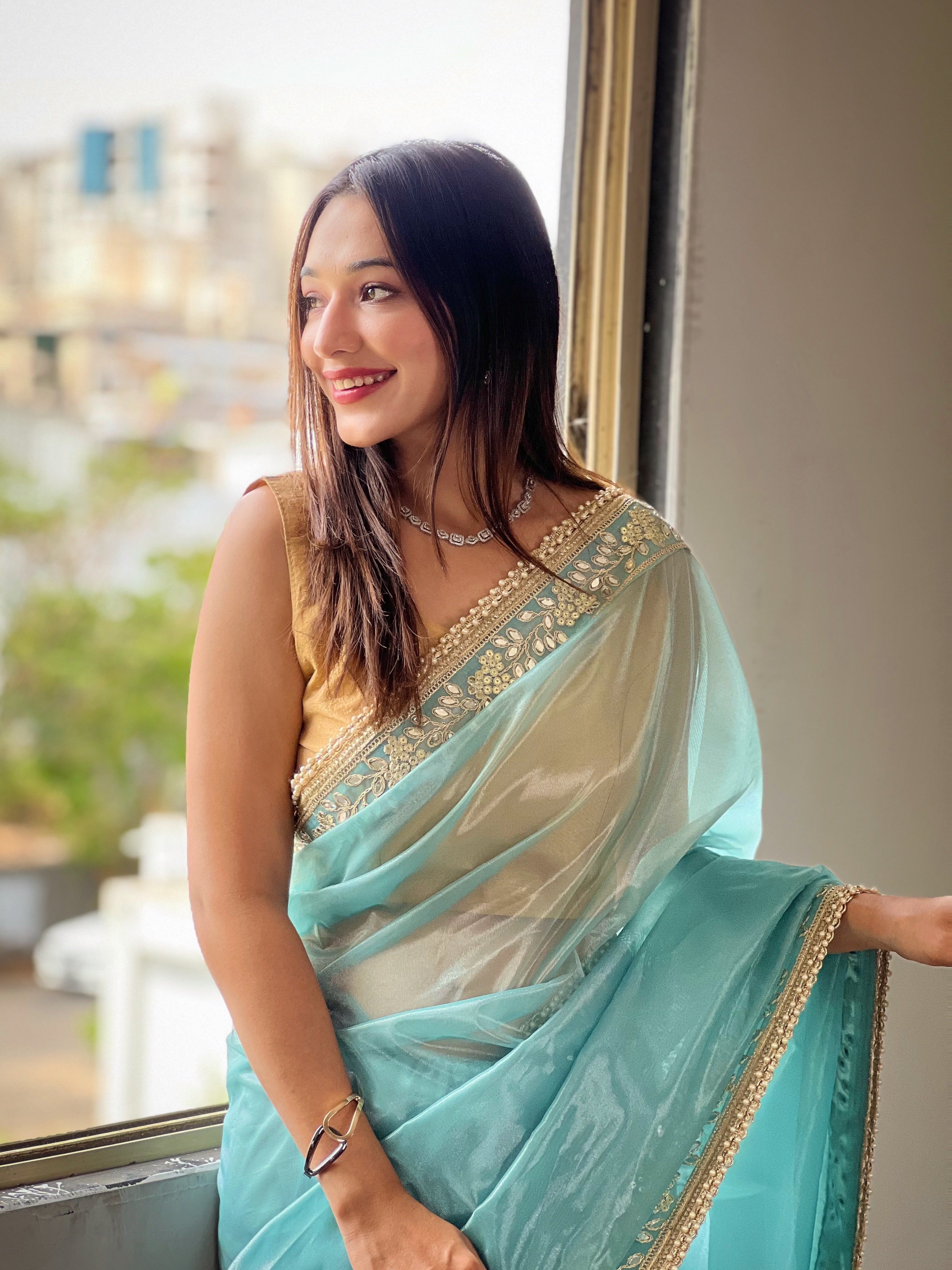 Designer Party Wear Look Saree With Real Mirror Work