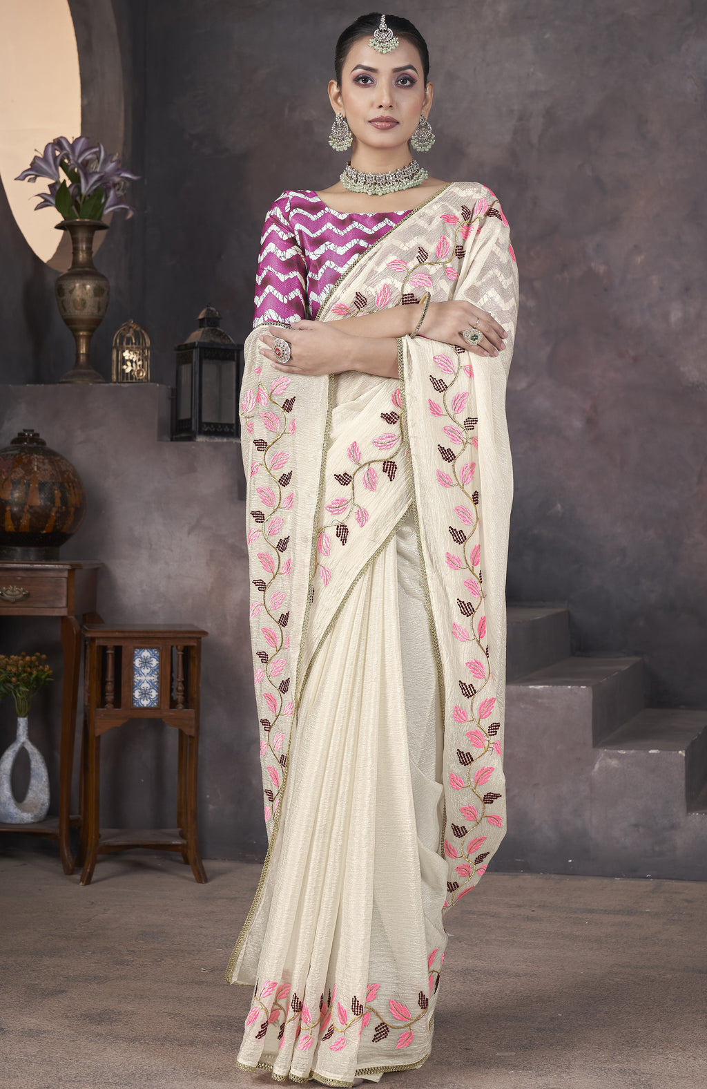 Designer Saree With Beautiful Thread Embroidery work