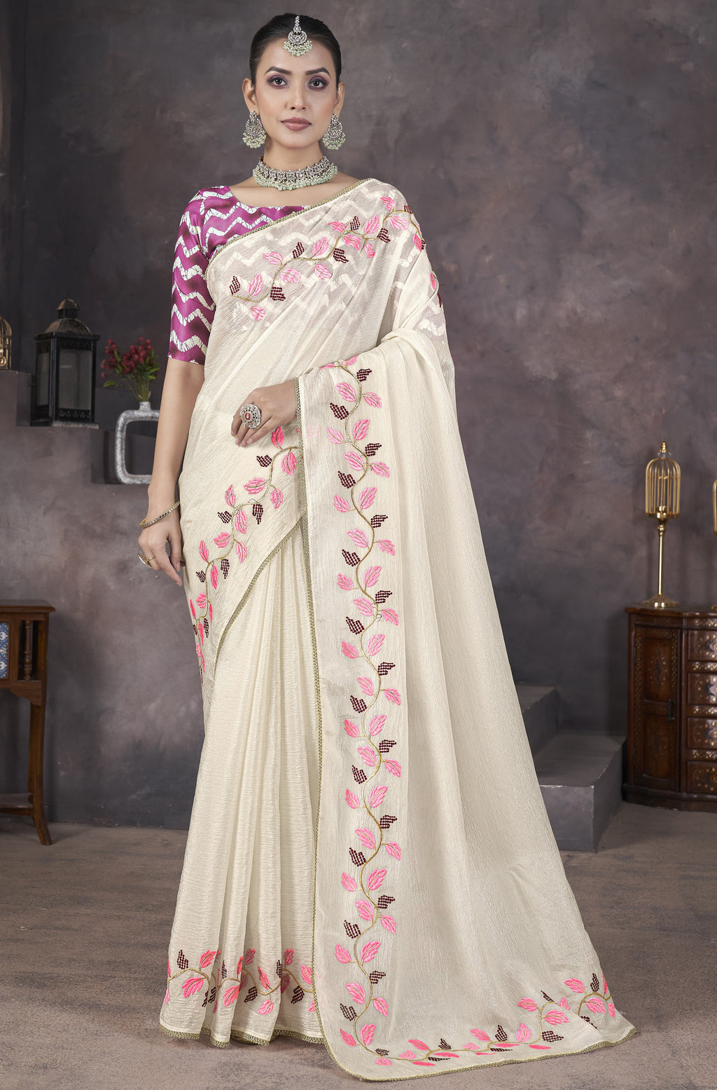 Designer Saree With Beautiful Thread Embroidery work