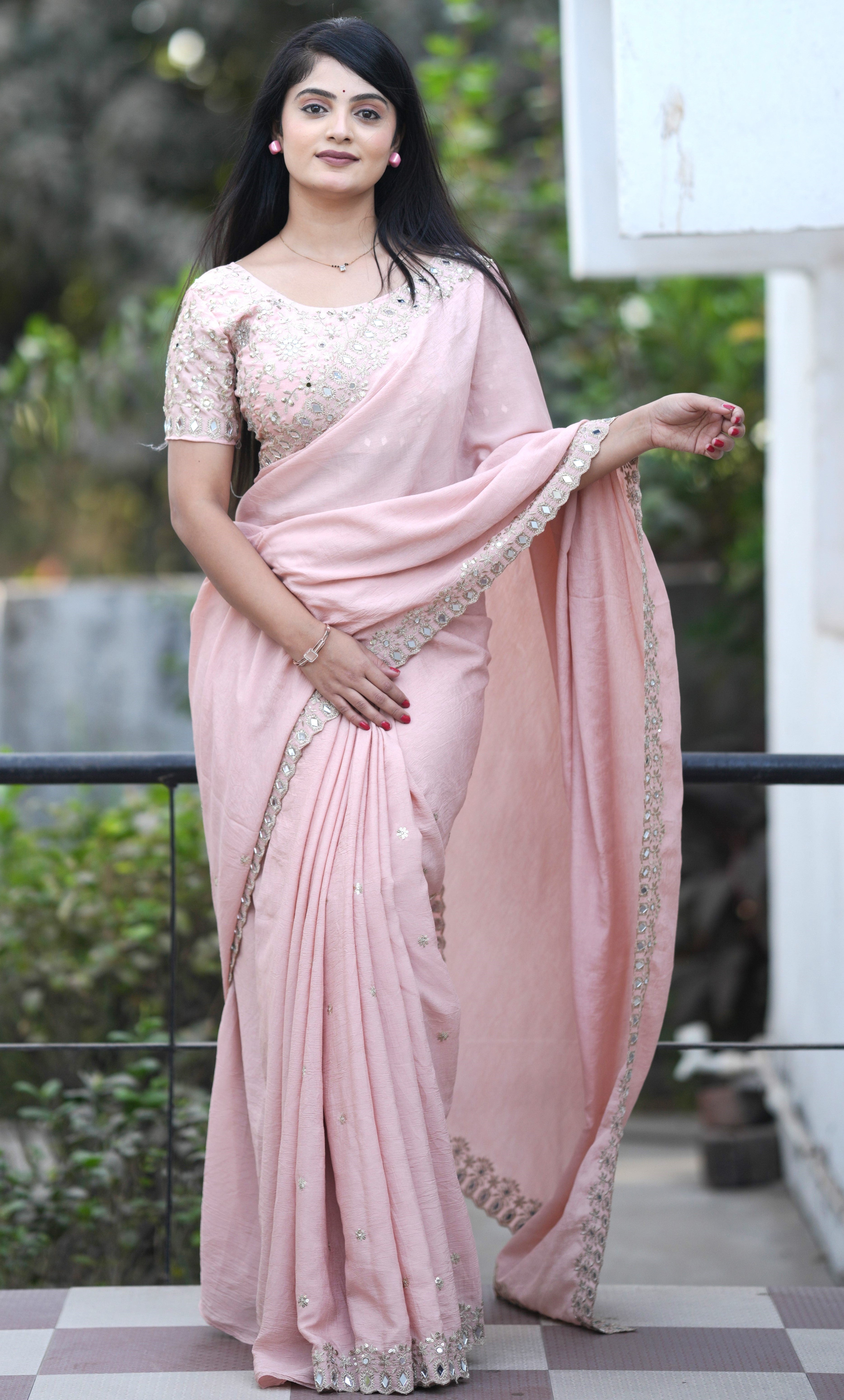 Designer Saree With Thread Embroidery & With Real Mirror Work