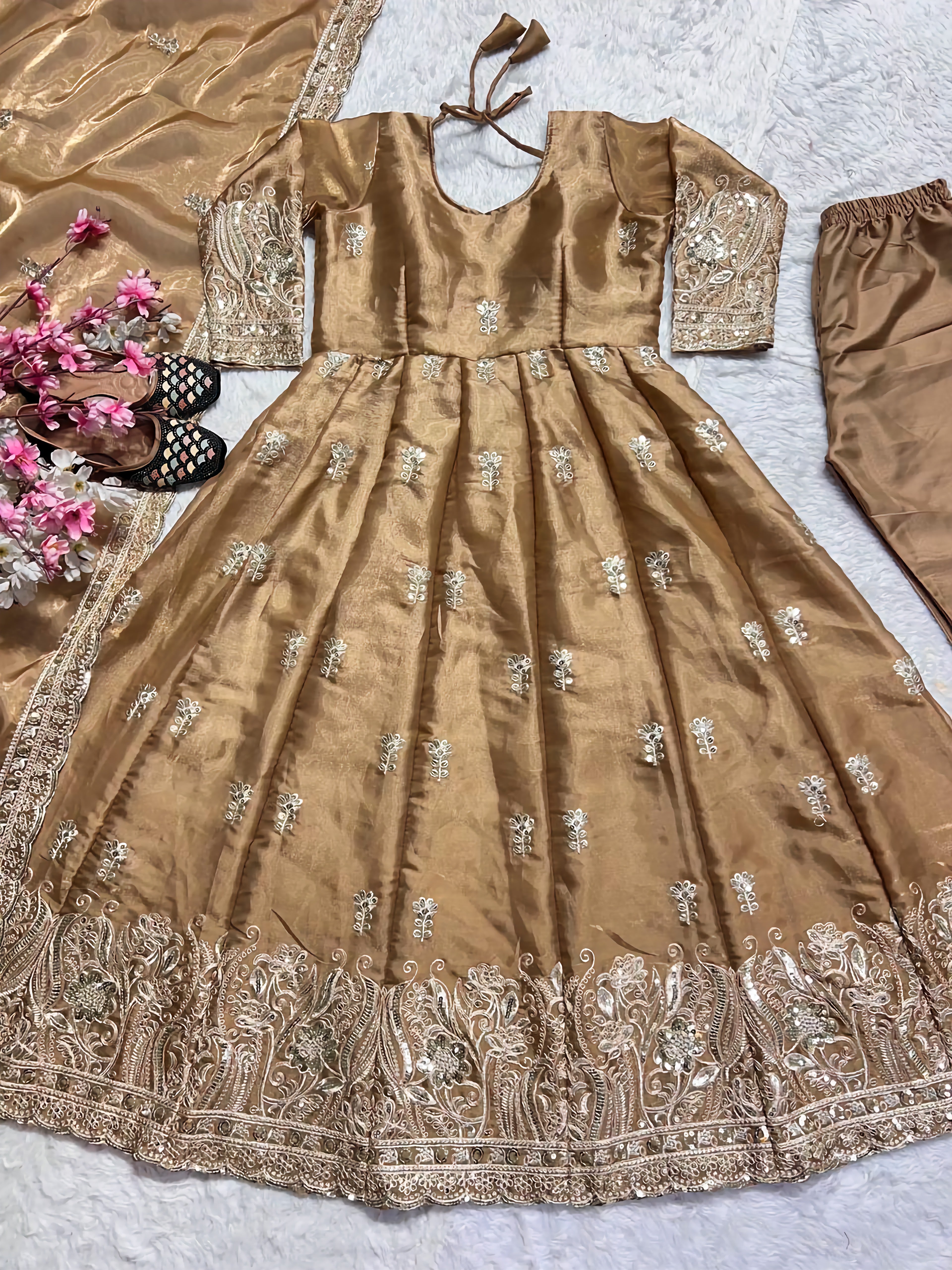Anarkali Gown And Pent With Dupatta With Sequence And Embroidery Work