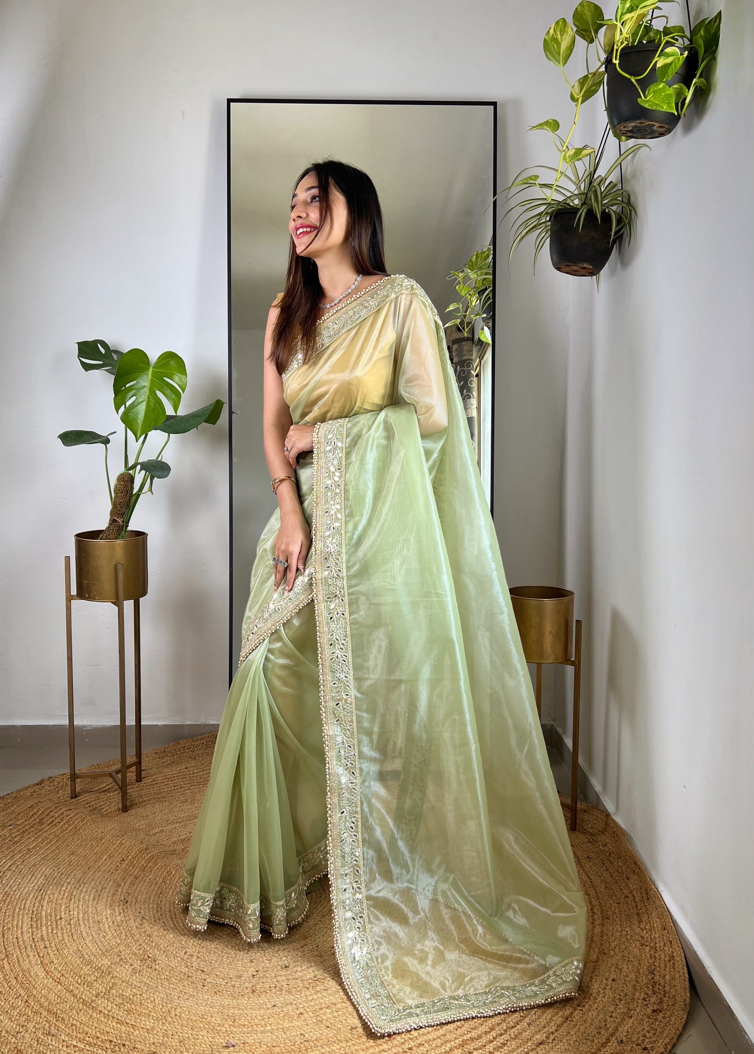 Designer Party Wear Look Saree With Real Mirror Work
