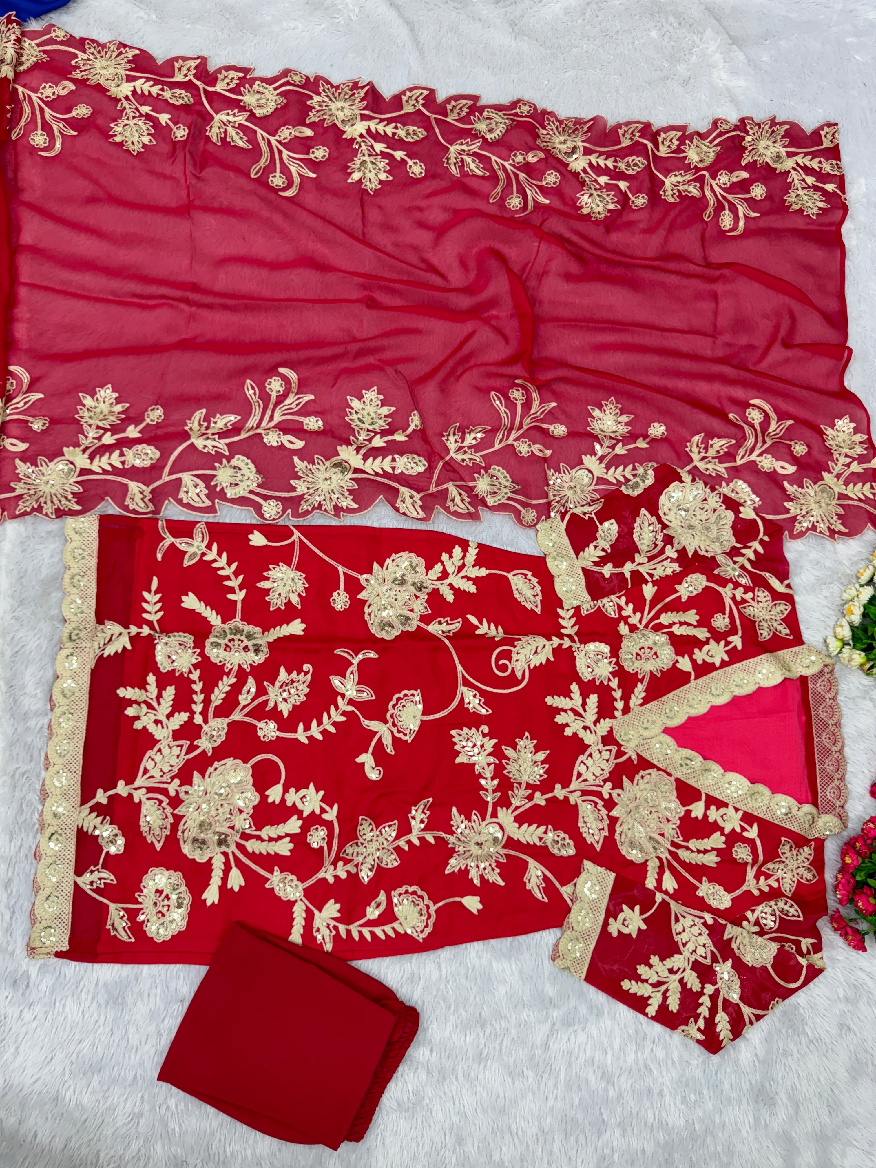 सीक्वेंस वर्क से सजा हुआ डिजाइनर पार्टी वेयर सूट, पैंट और दुपट्टा