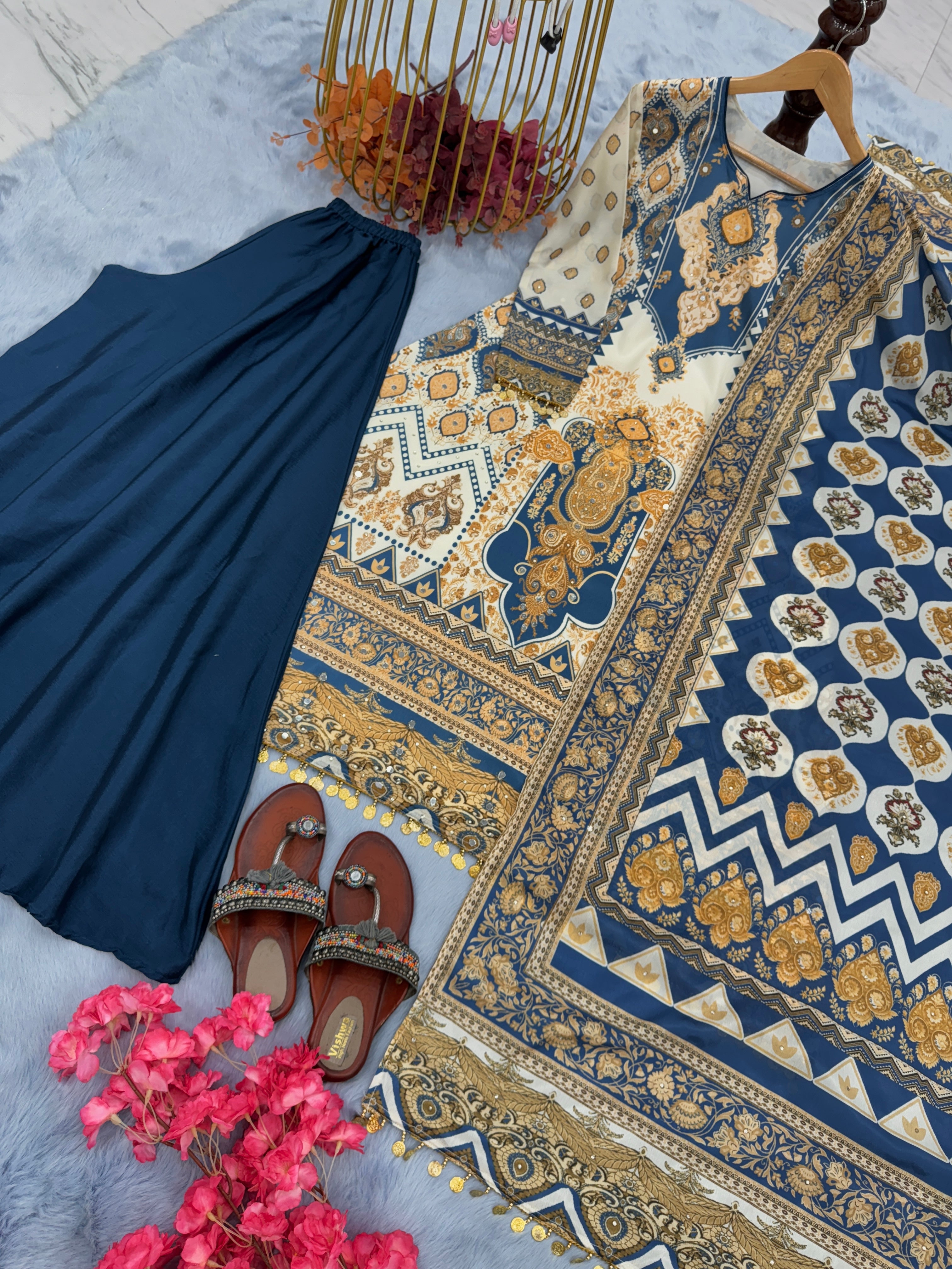 Designer Party Wear Silk Top Plazzo & Dupatta Set