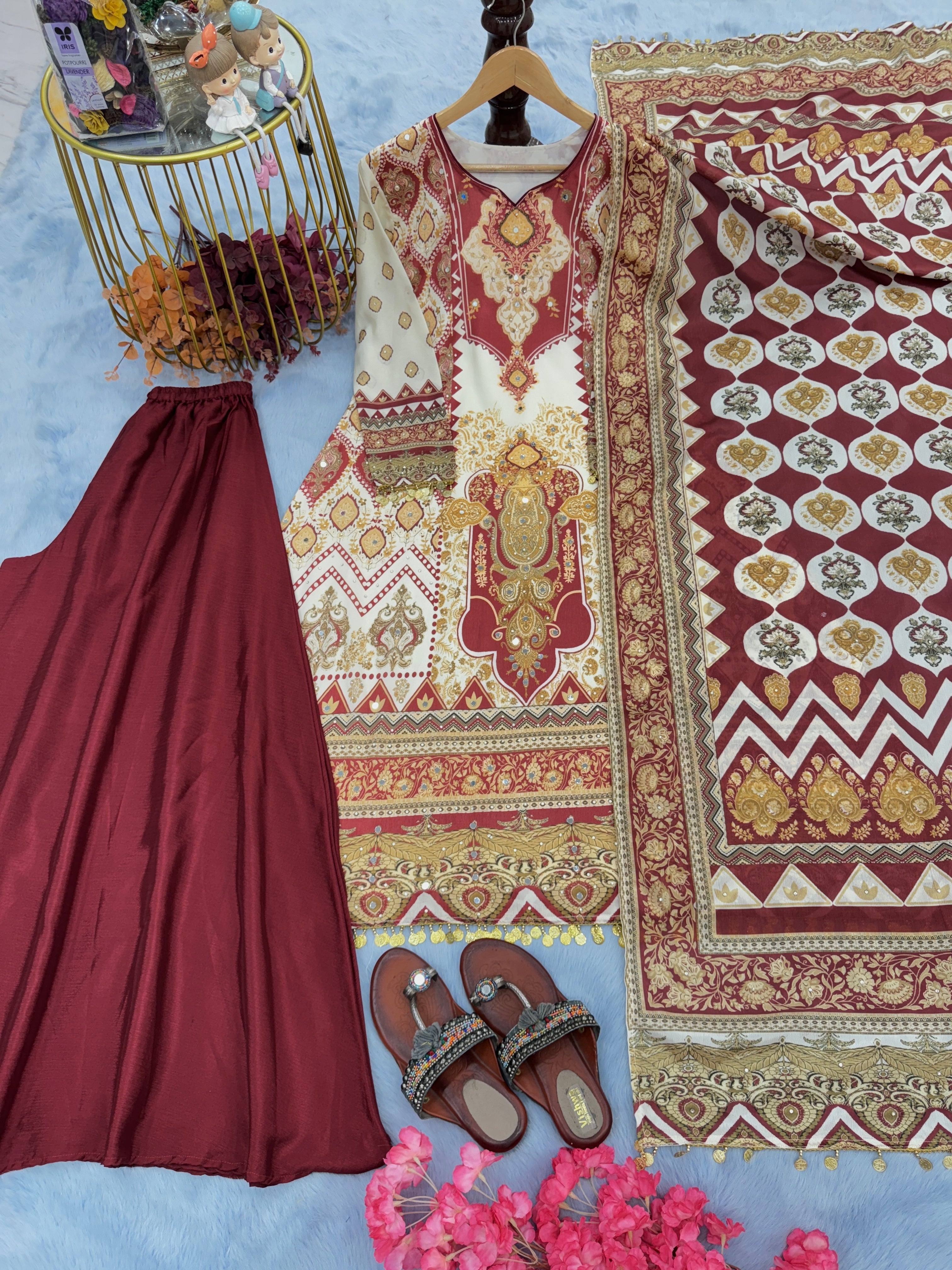 Designer Party Wear Silk Top Plazzo & Dupatta Set