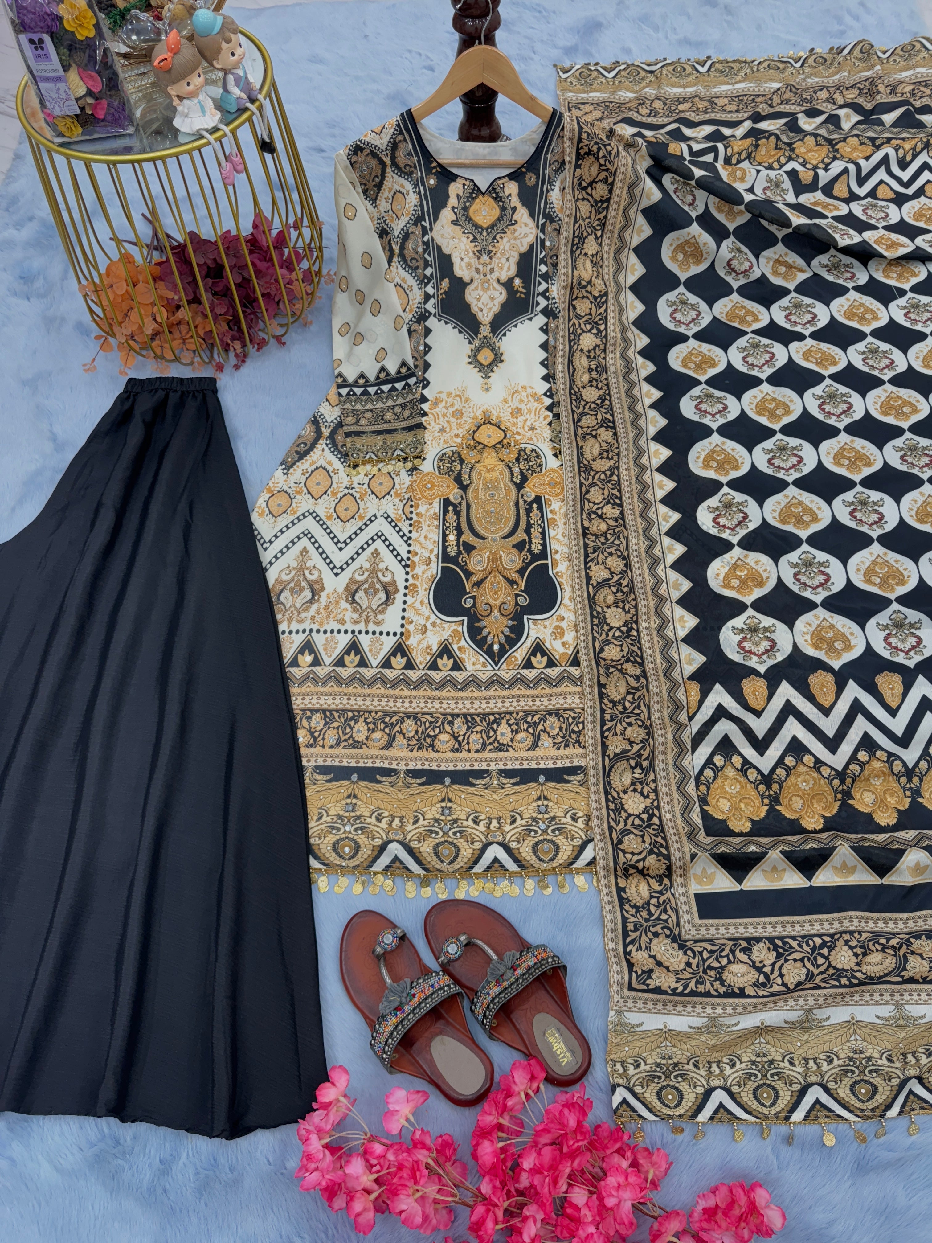 Designer Party Wear Silk Top Plazzo & Dupatta Set