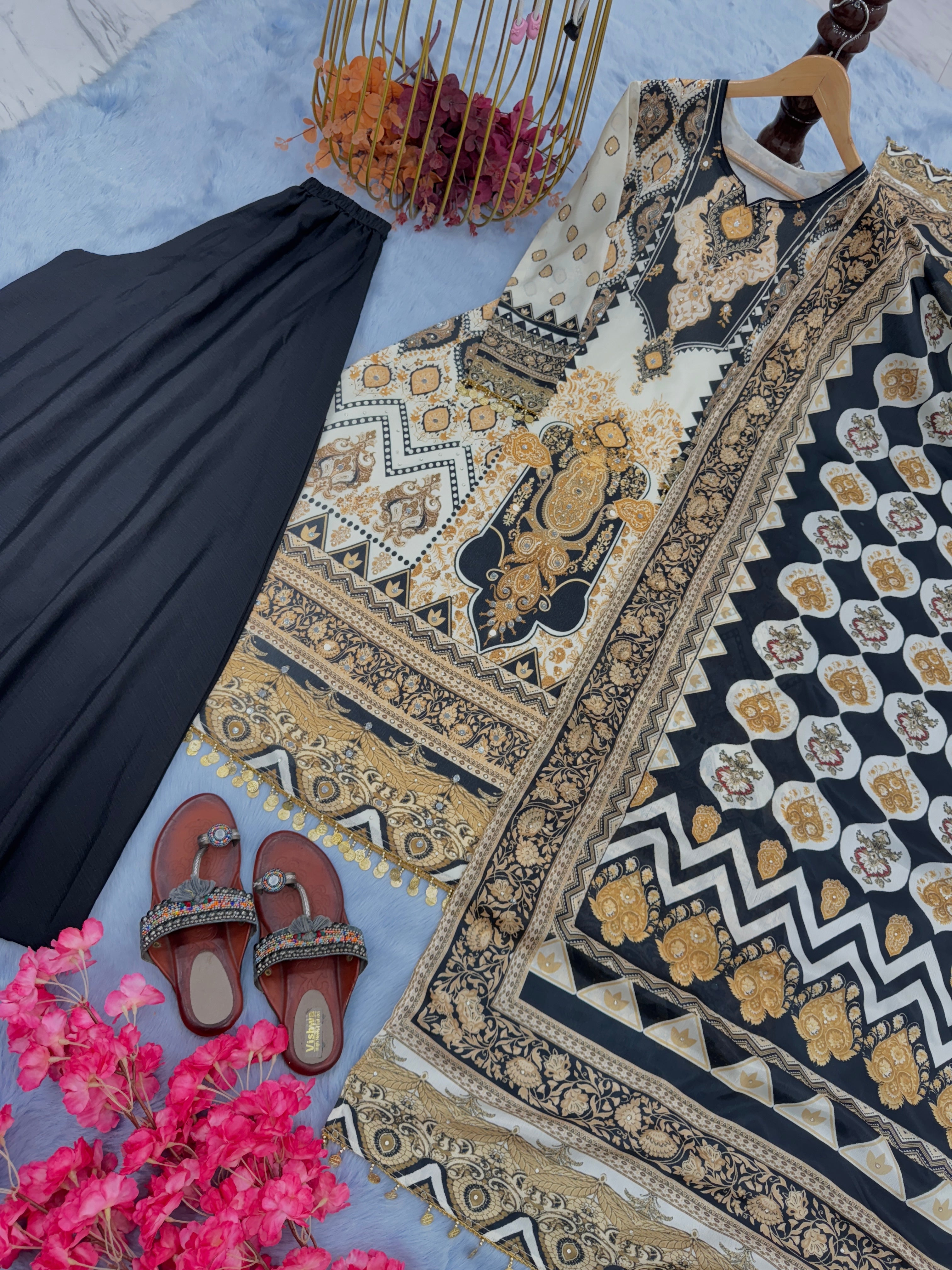 Designer Party Wear Silk Top Plazzo & Dupatta Set