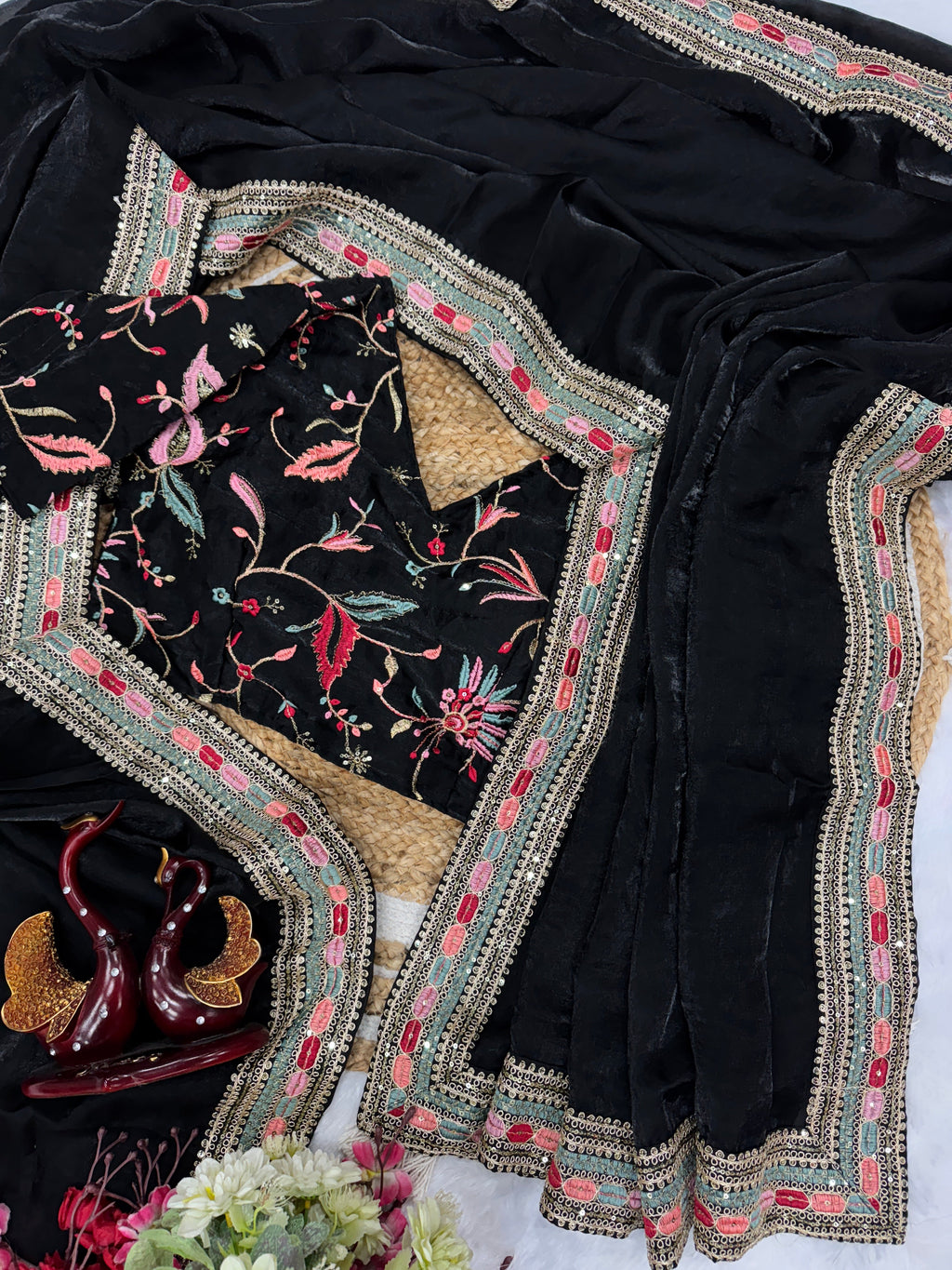 Party Wear Beautiful Saree With Sequins Embroidery Work Lace Border