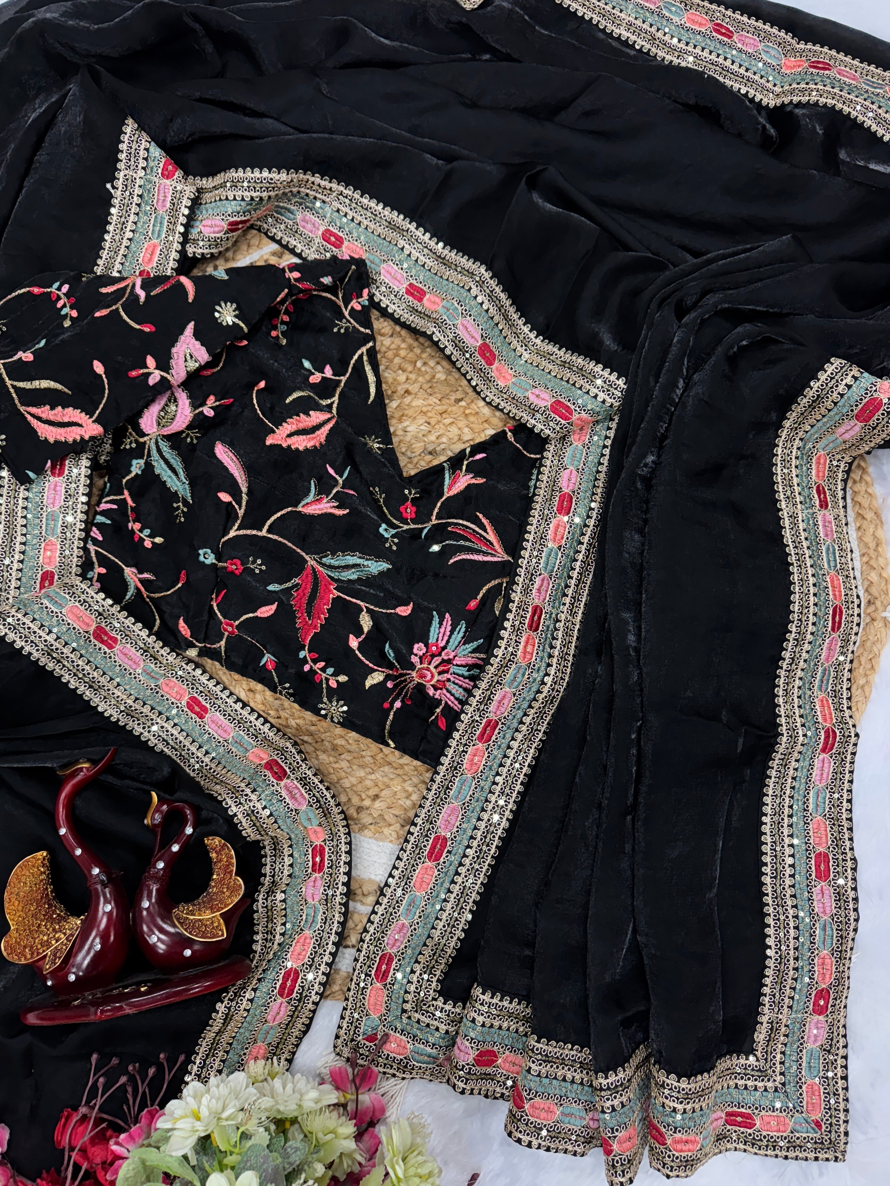 Party Wear Beautiful Saree With Sequins Embroidery Work Lace Border