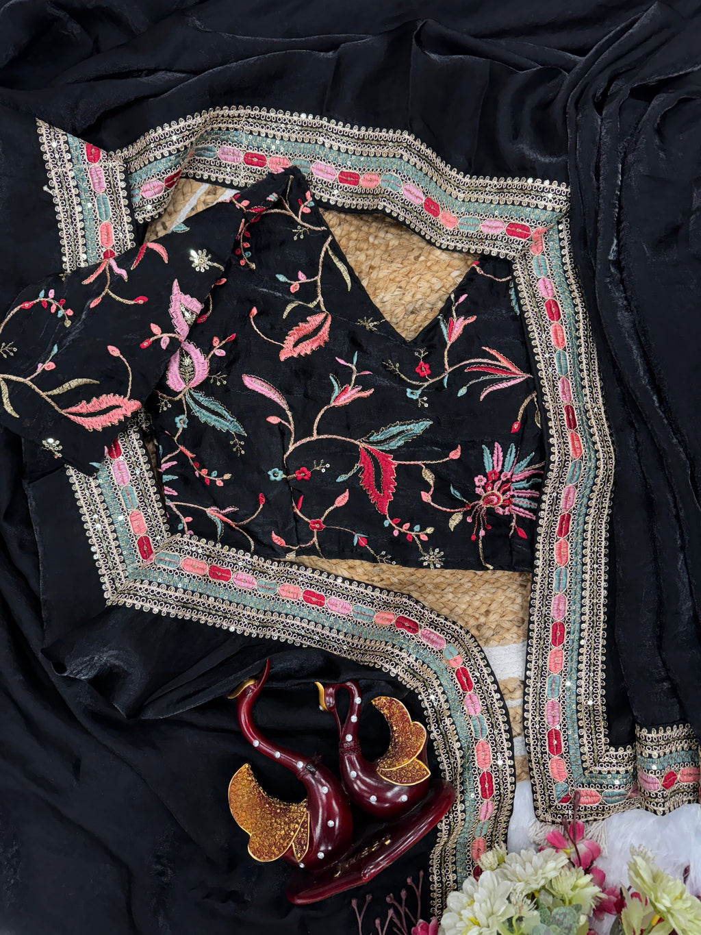 Party Wear Beautiful Saree With Sequins Embroidery Work Lace Border