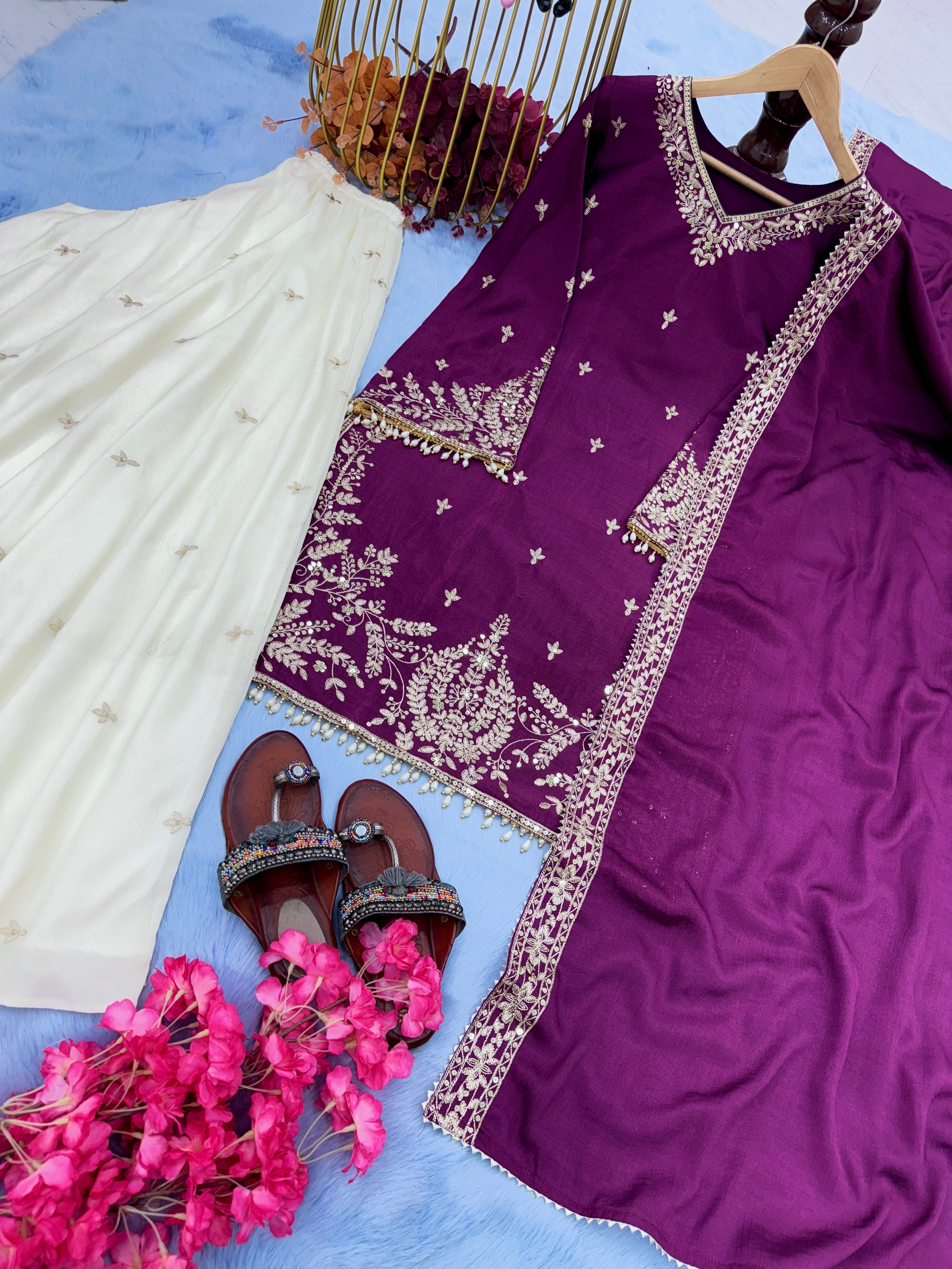 Beautiful Party Wear Look Heavy Pure Chinon Silk Top Plazzo & Dupatta Set