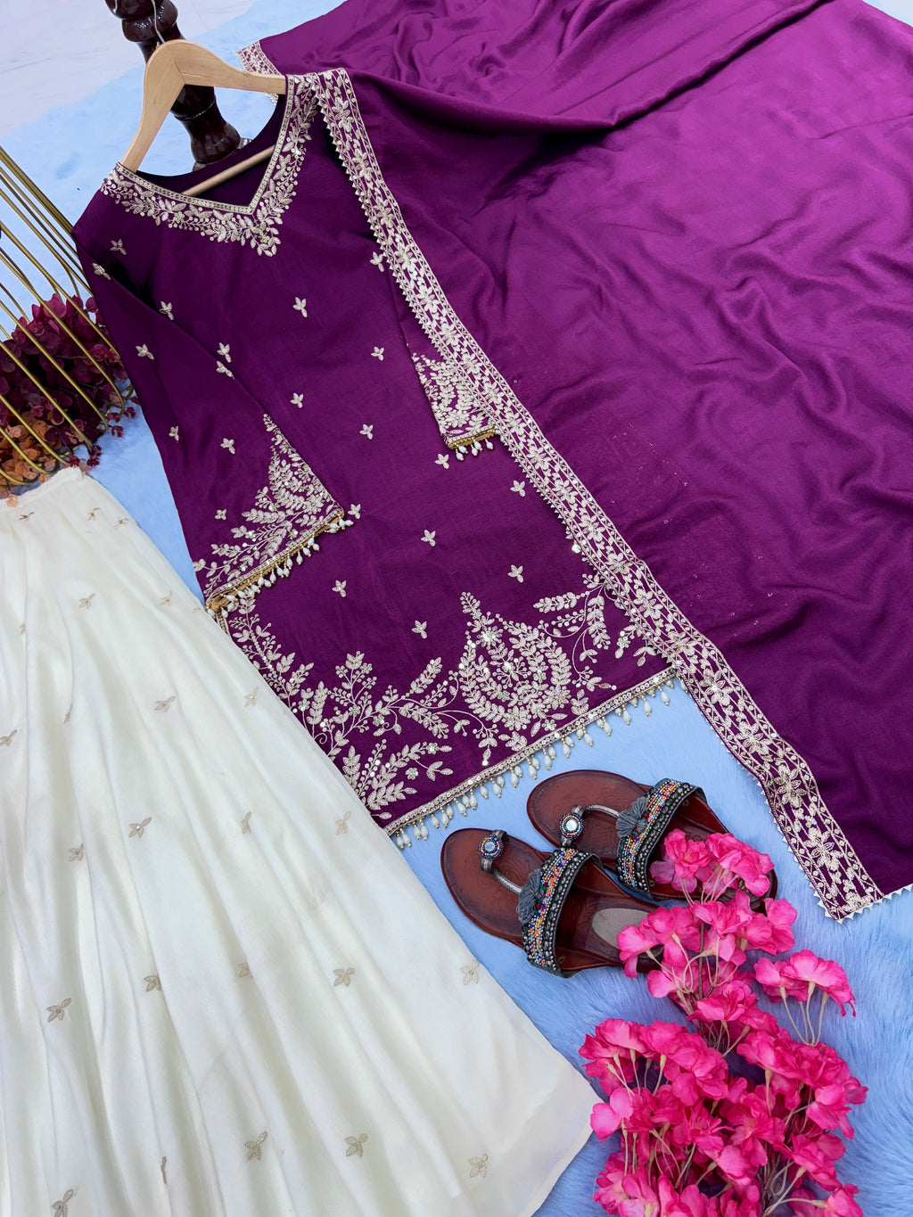 Beautiful Party Wear Look Heavy Pure Chinon Silk Top Plazzo & Dupatta Set