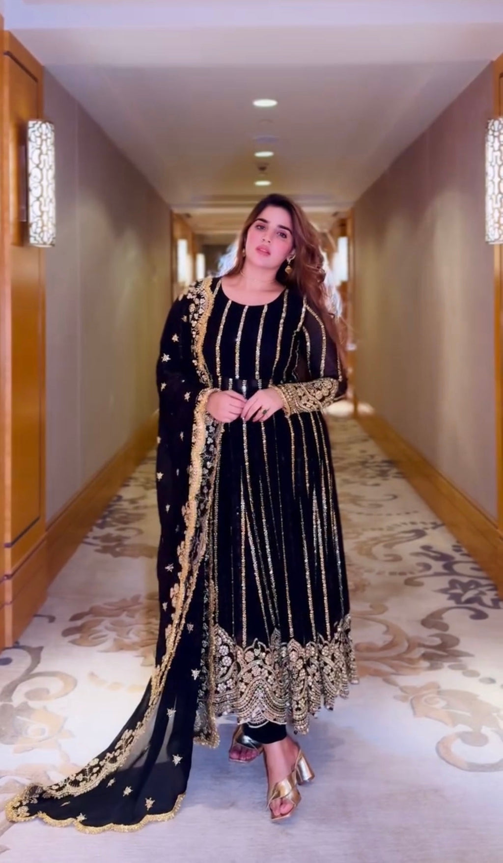 Fancy Naira Cut Gown, Bottom And Dupatta With Embroidery Sequence Work