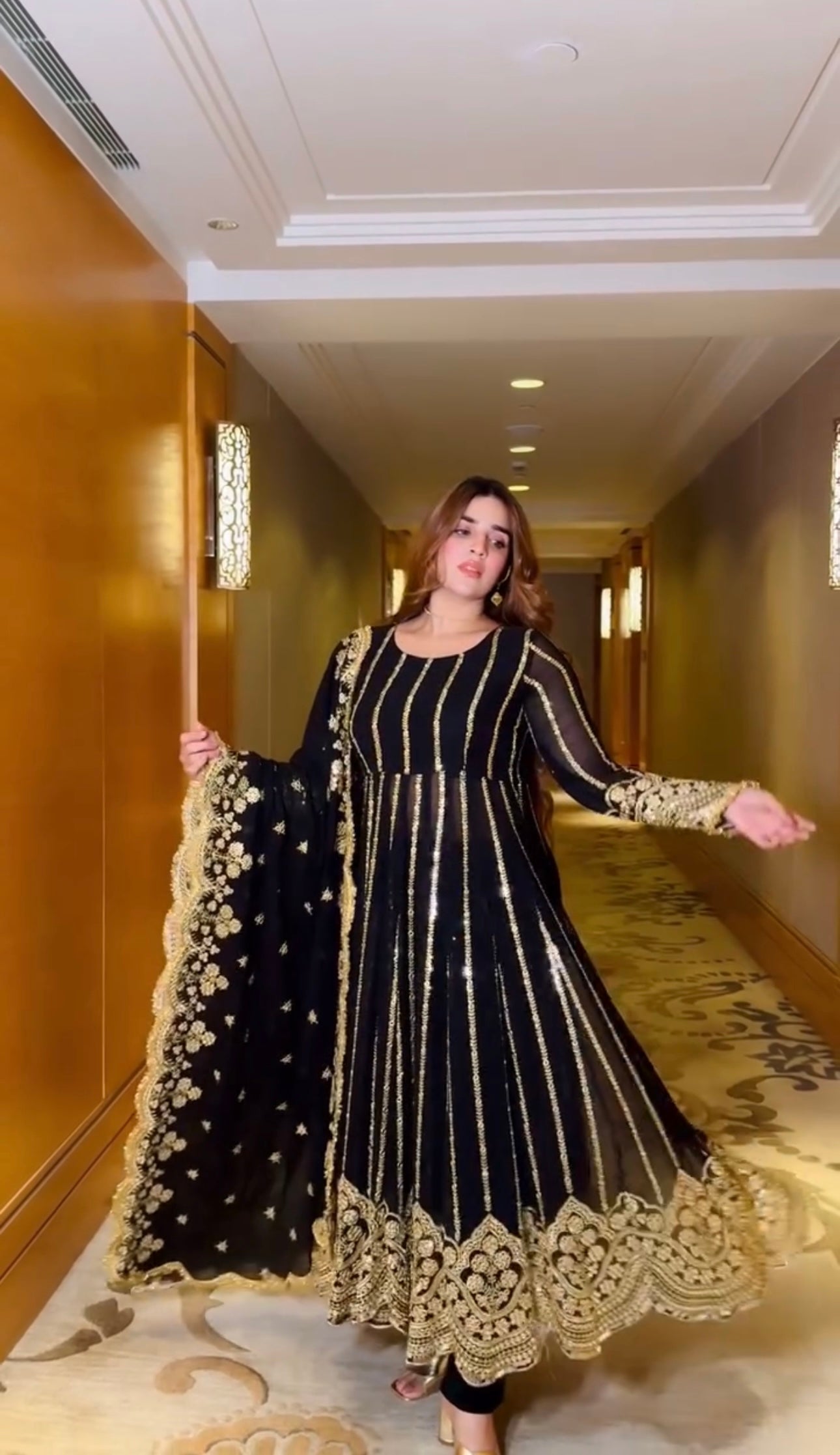 Fancy Naira Cut Gown, Bottom And Dupatta With Embroidery Sequence Work