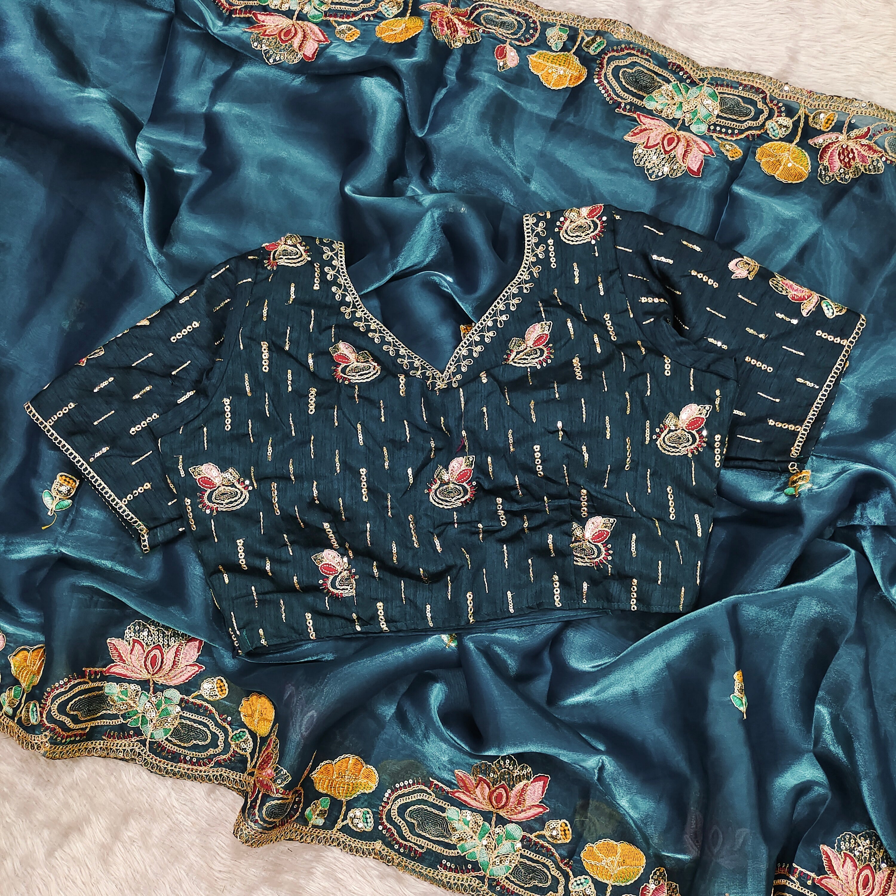 Designer Saree With Embroidery Multi Treads , Coding & Sequins Work