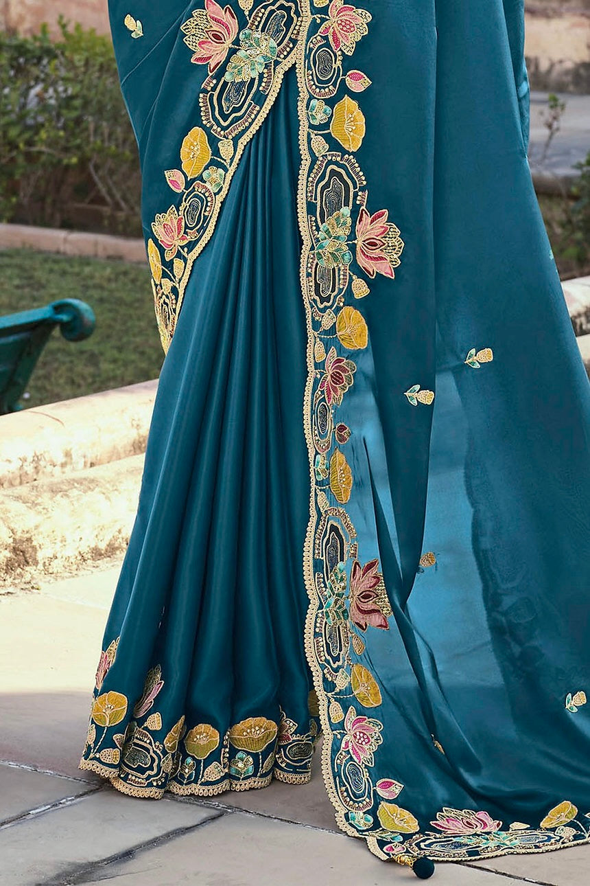Designer Saree With Embroidery Multi Treads , Coding & Sequins Work