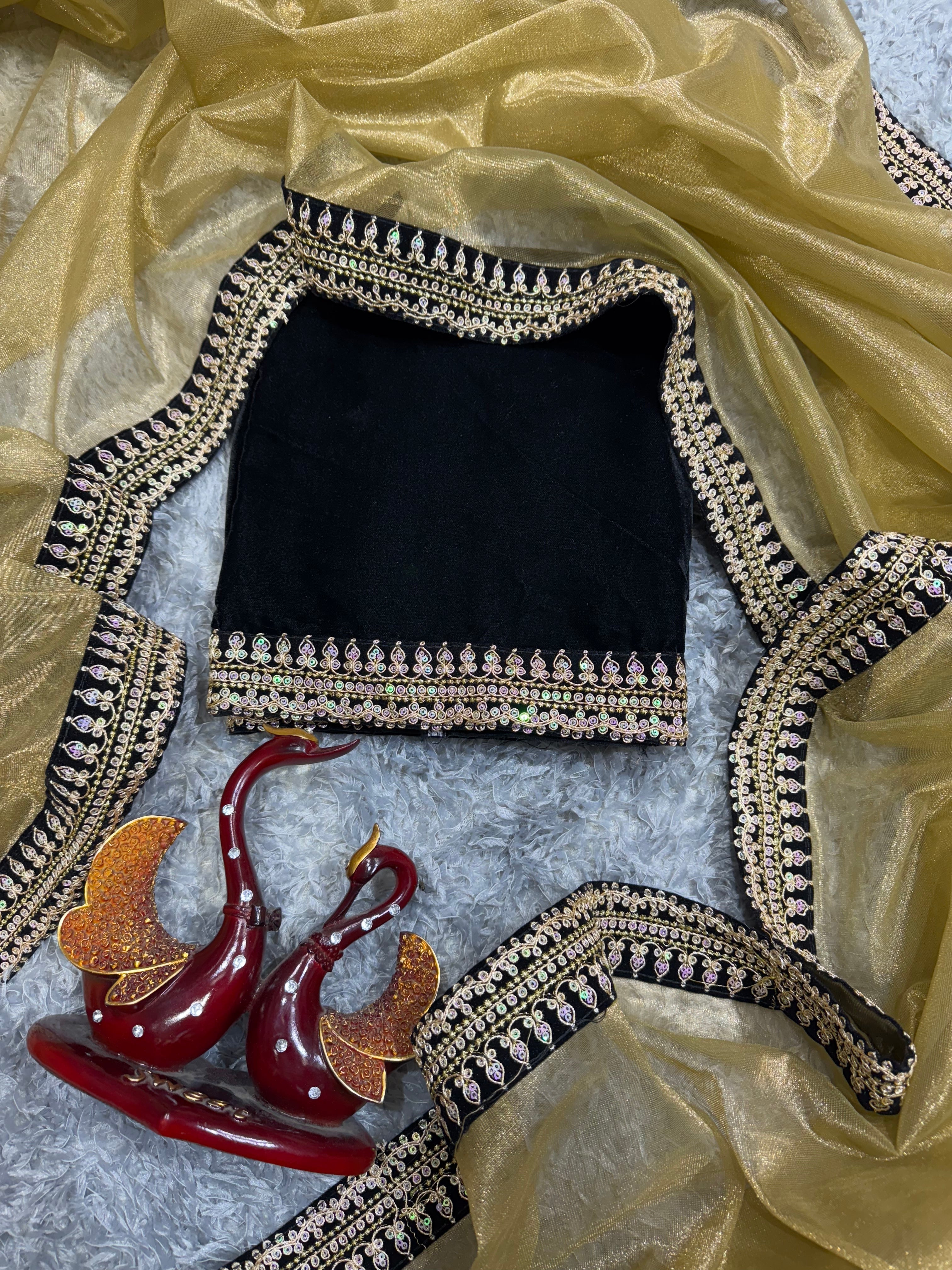 खूबसूरत सीक्वेंस और डोरी कढ़ाई वर्क वाली डिज़ाइनर साड़ी, वेलवेट लेस बॉर्डर के साथ।