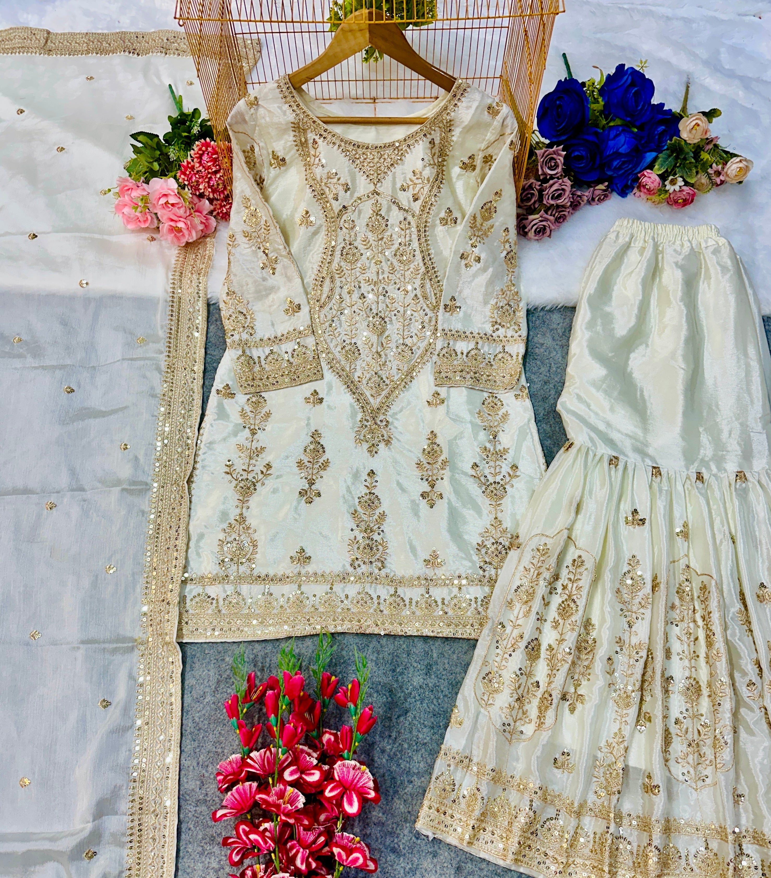 डिजाइनर पार्टी वेयर टॉप, बॉटम और दुपट्टा