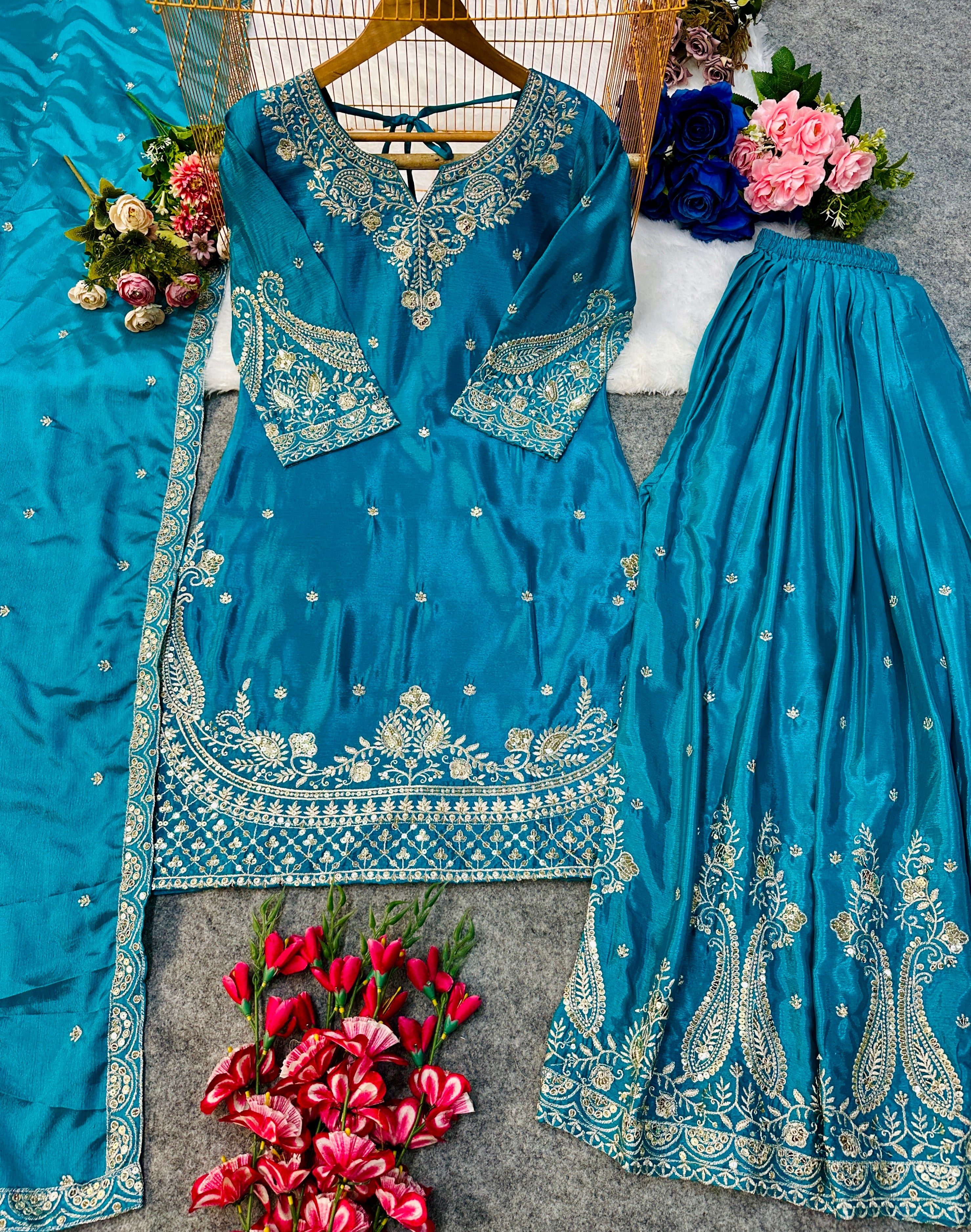 डिजाइनर पार्टी वेयर टॉप, बॉटम और दुपट्टा