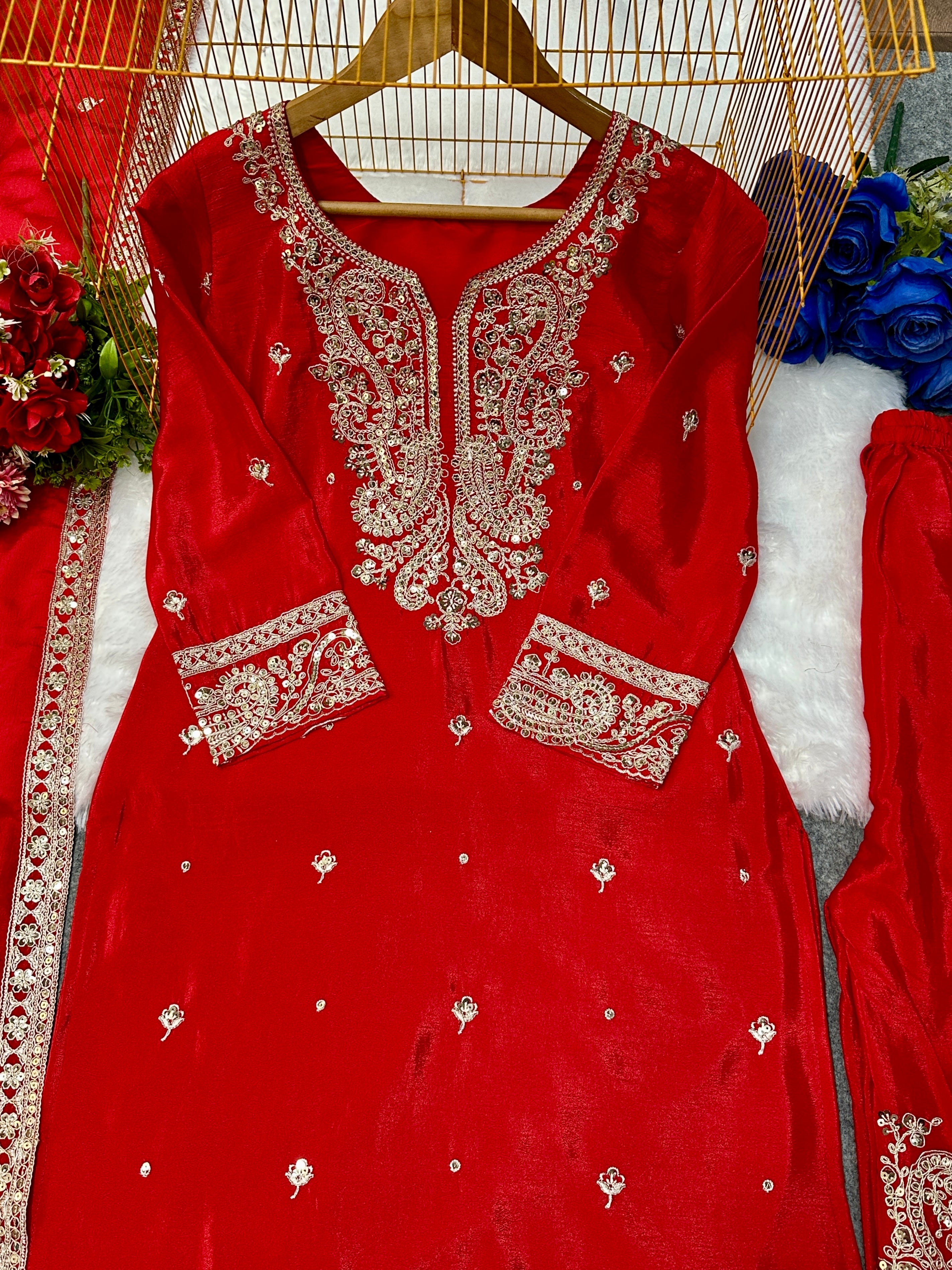 पार्टी वेयर टॉप, शरारा और दुपट्टा, कढ़ाई वर्क के साथ