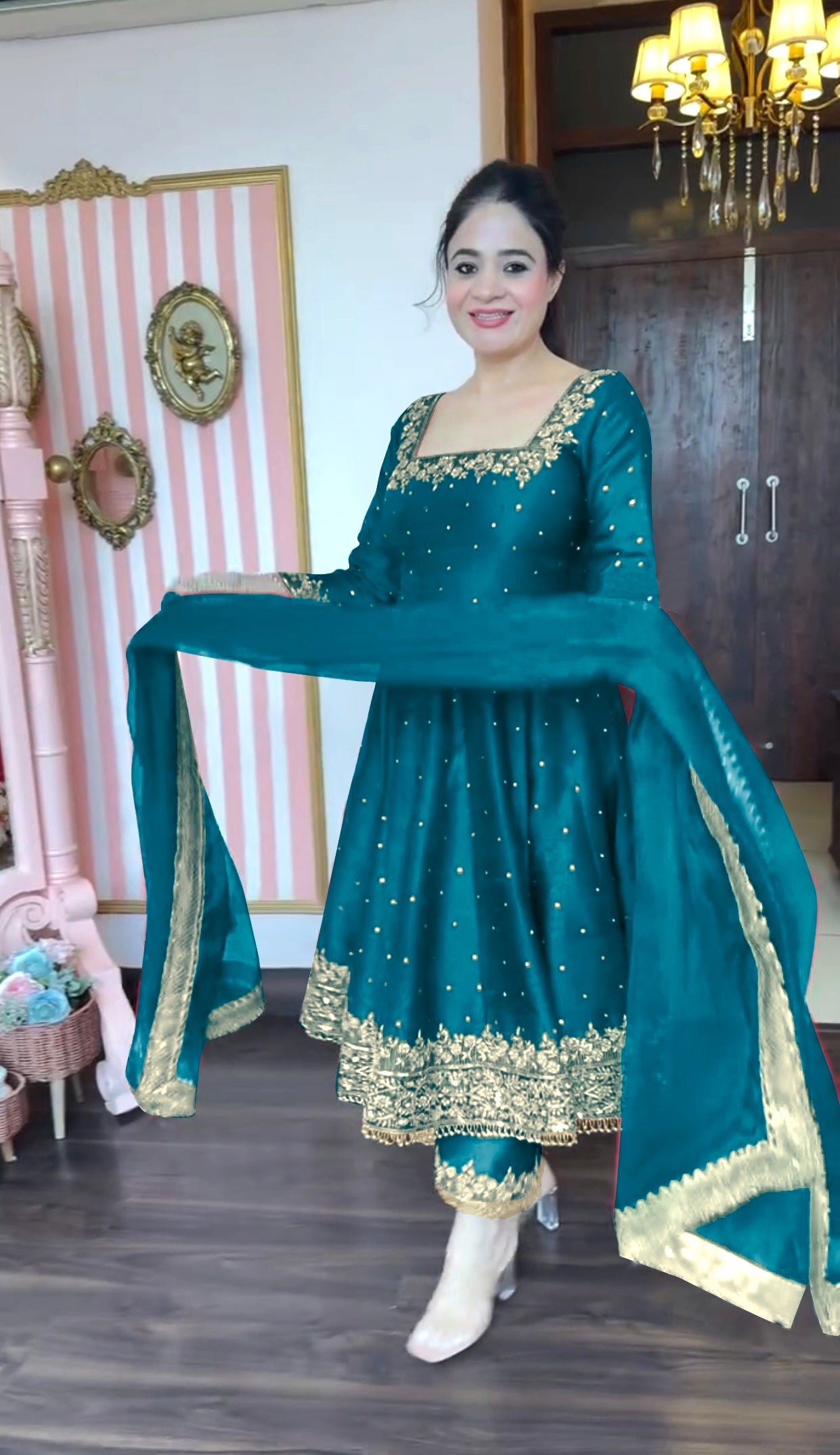 Party Wear Look Pure Vichitra Silk Anarkali Gown, Dupatta & Pent Plazzo Set