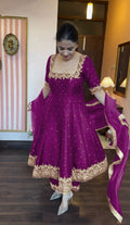 Party Wear Look Pure Vichitra Silk Anarkali Gown, Dupatta & Pent Plazzo Set
