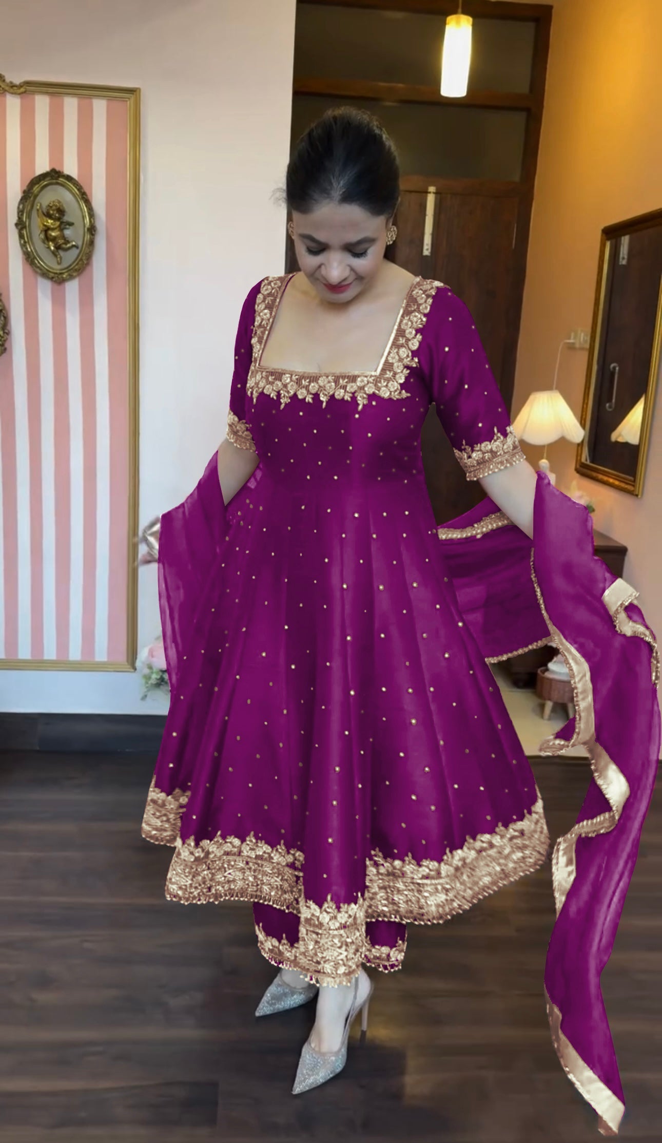 Party Wear Look Pure Vichitra Silk Anarkali Gown, Dupatta & Pent Plazzo Set