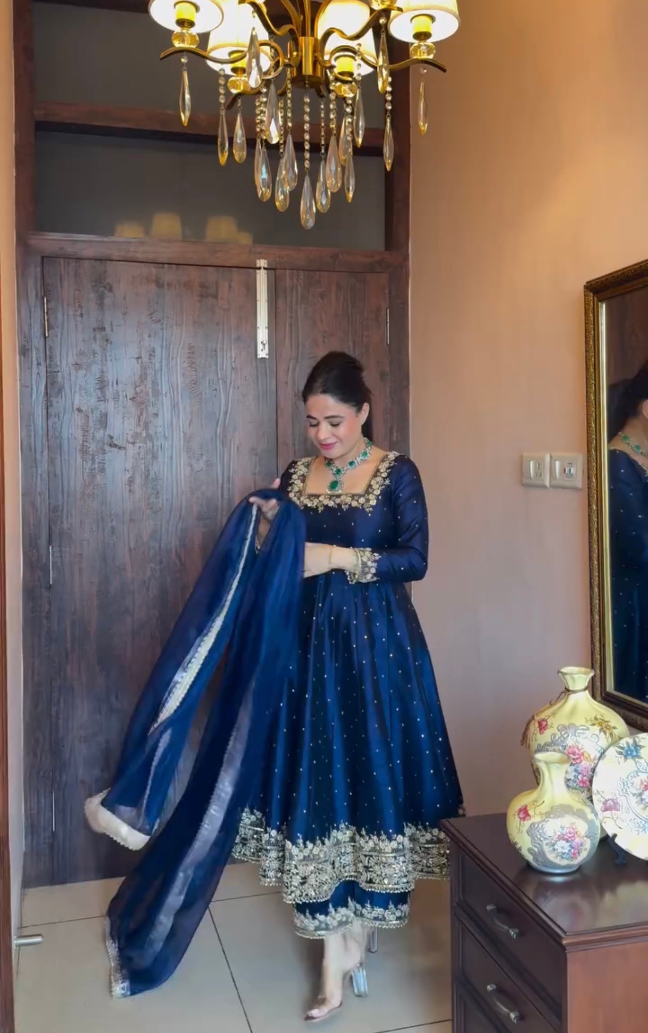 Party Wear Look Pure Vichitra Silk Anarkali Gown, Dupatta & Pent Plazzo Set