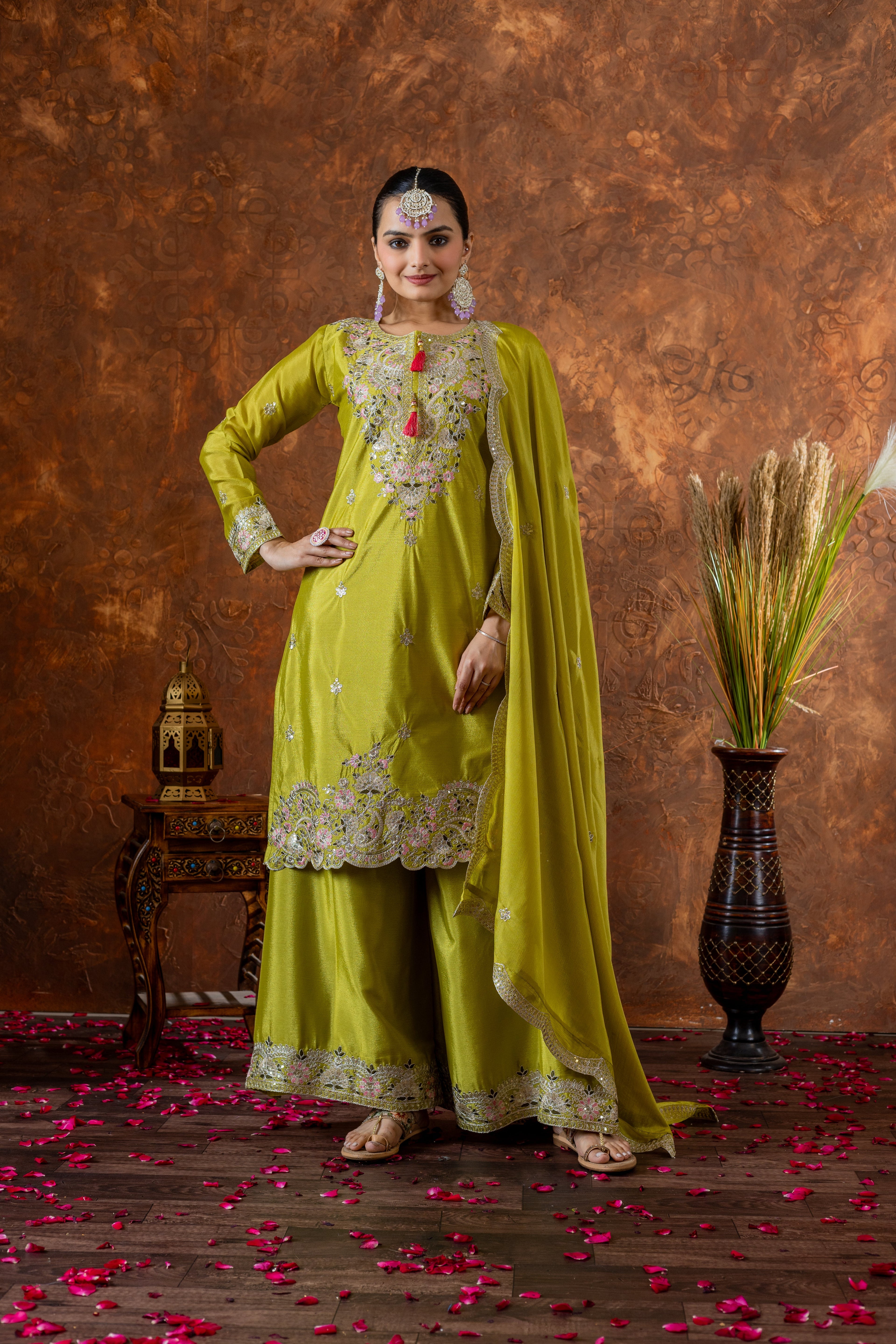 Designer Party Wear Look Pure Chinon Silk Top Plazzo & Dupatta Set
