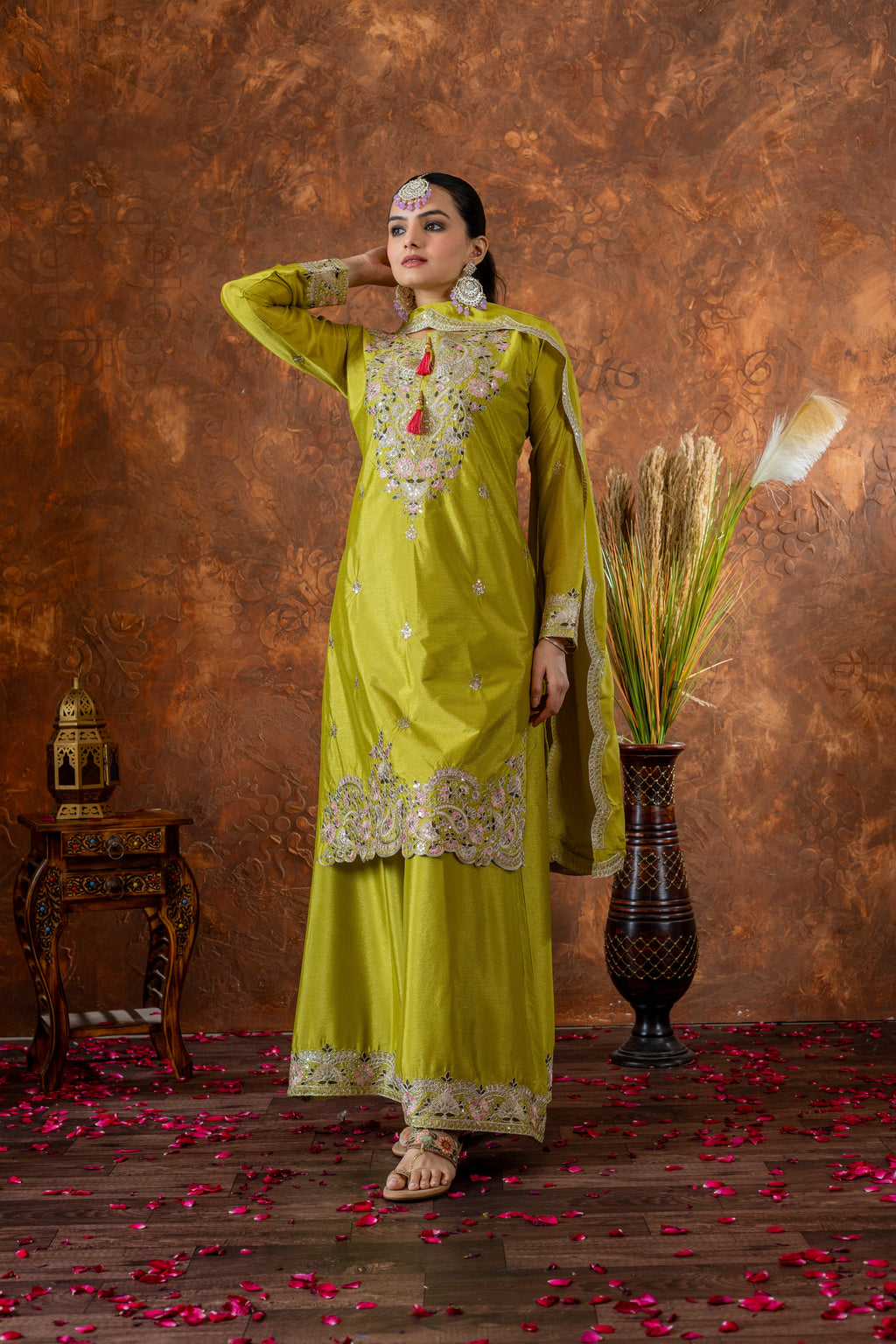 Designer Party Wear Look Pure Chinon Silk Top Plazzo & Dupatta Set