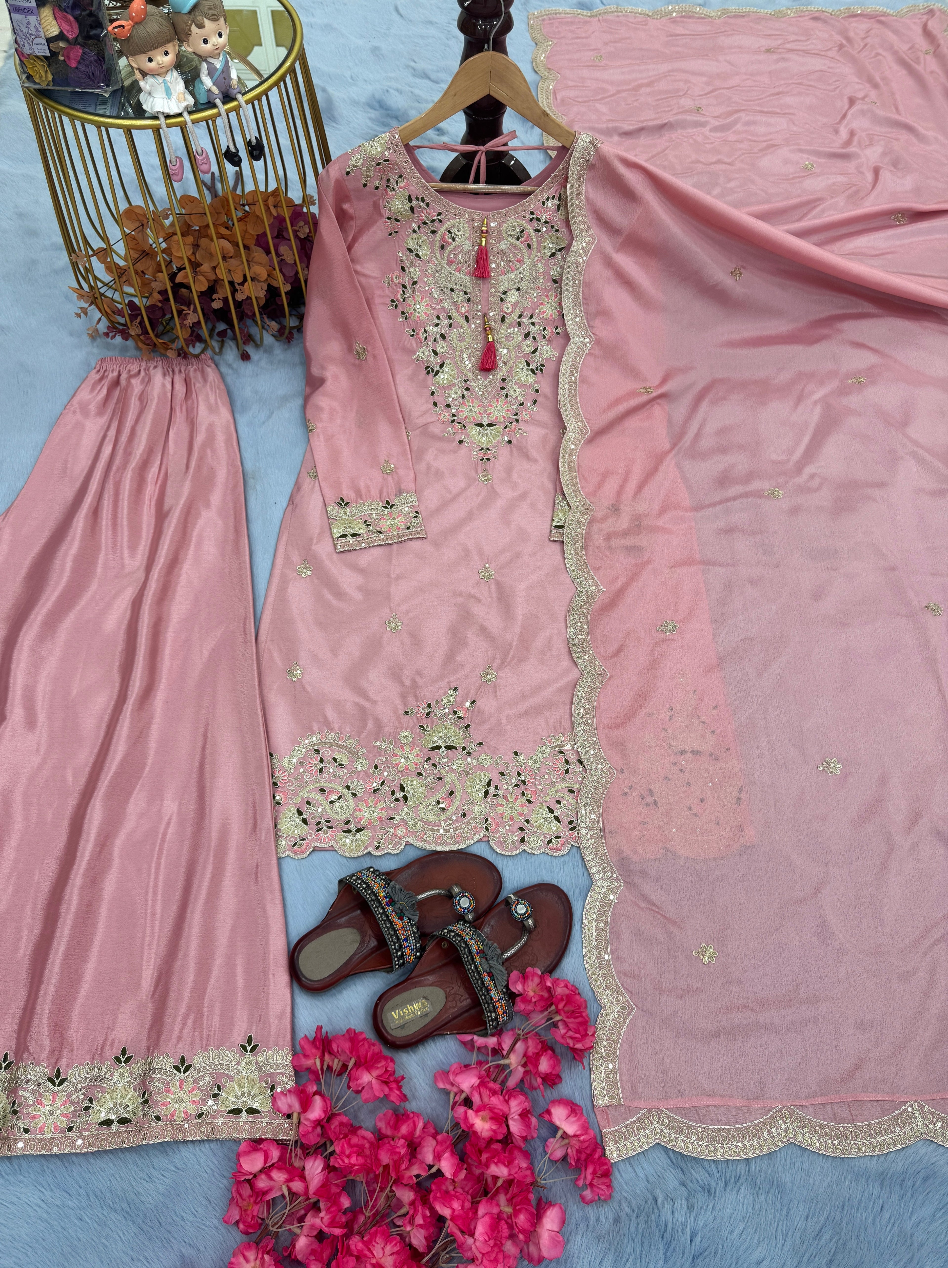 Designer Party Wear Look Pure Chinon Silk Top Plazzo & Dupatta Set