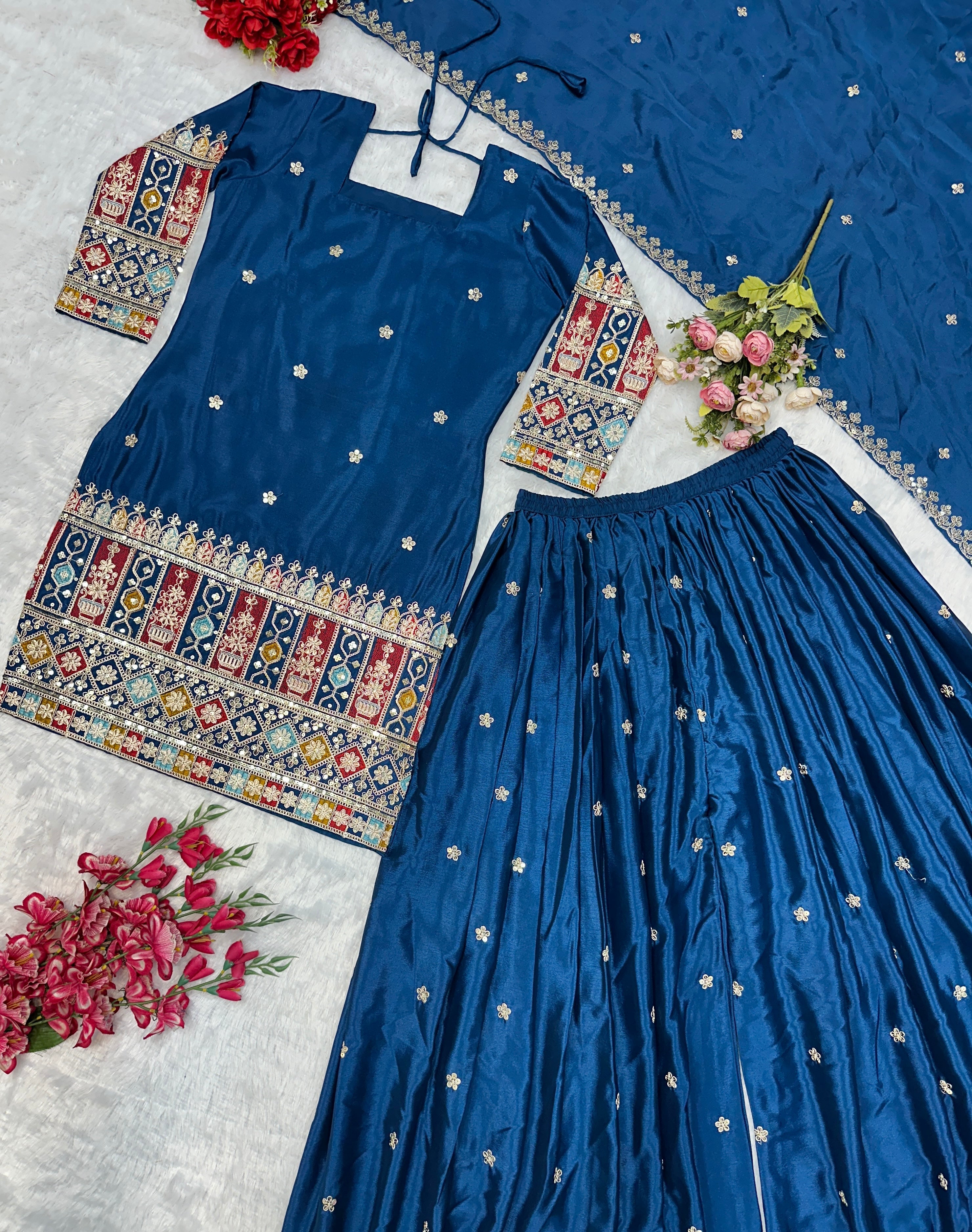 खूबसूरत पार्टी वेयर टॉप, प्लाजो और दुपट्टा