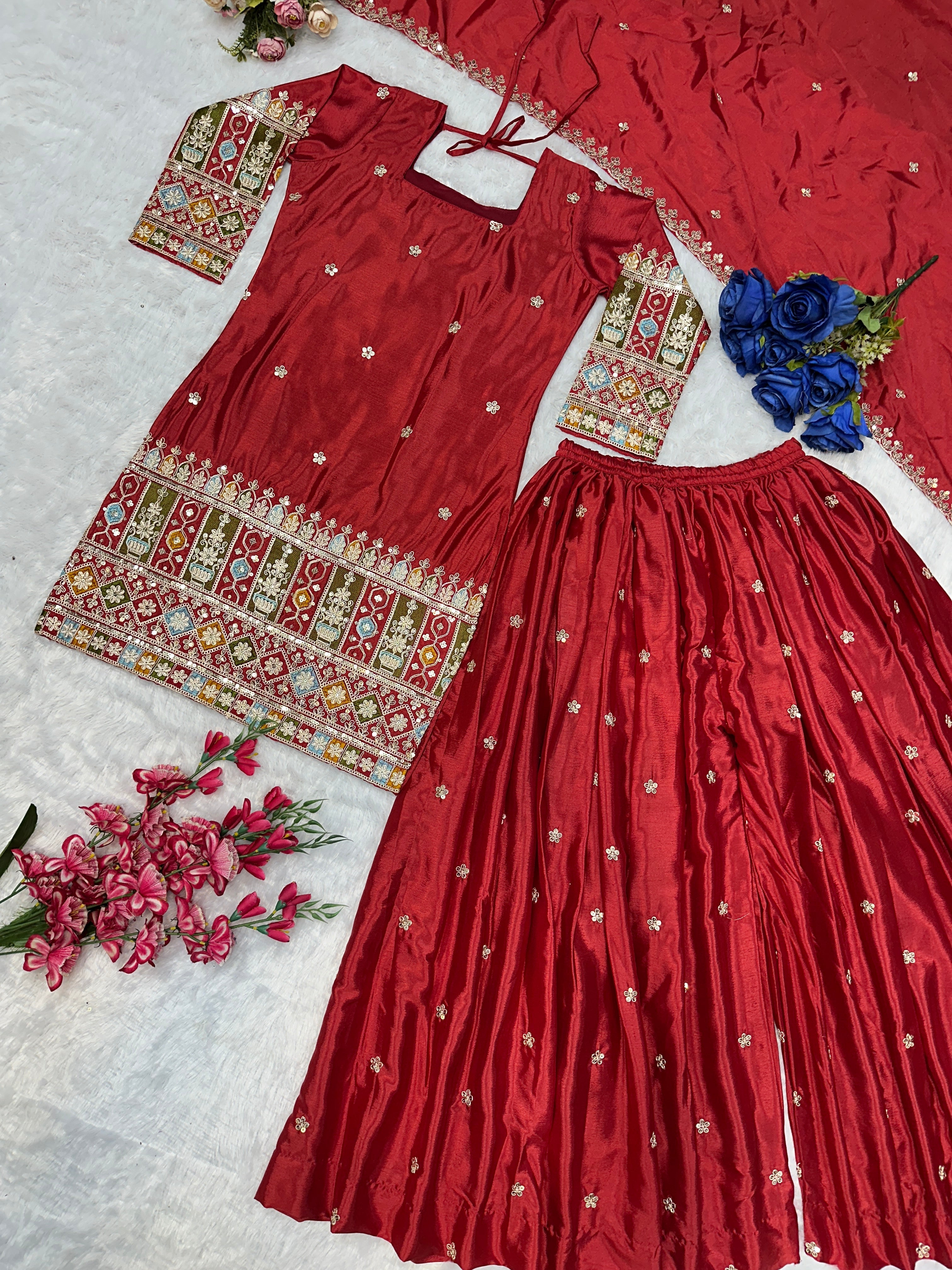 खूबसूरत पार्टी वेयर टॉप, प्लाजो और दुपट्टा