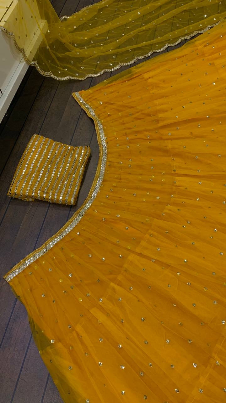 सीक्वेंस और पेपर मिरर वर्क वाला पार्टी वेयर लहंगा चोली